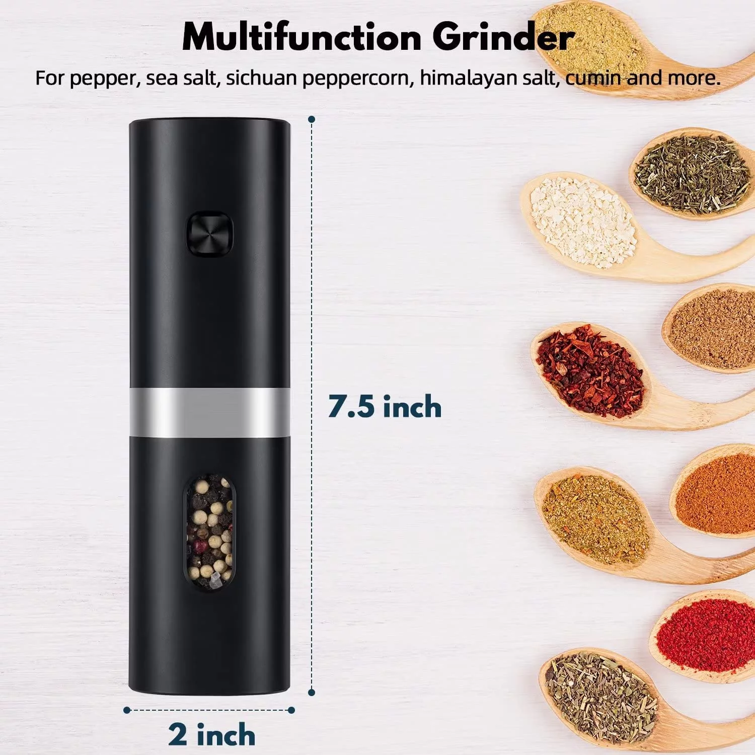 Jsbaby Electric Pepper Grinder and Salt Grinder Pepper Mills with Automatically LED Light, Easy to adjust Coarseness Salt Grinder, Battery Operated and One Hand Operation, Black