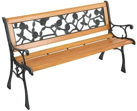 49.5in Garden Bench, Deck Hardwood Seat and Metal Armrest Park Bench for Patio Front Porch Path Yard Lawn Poolside (Rose)
