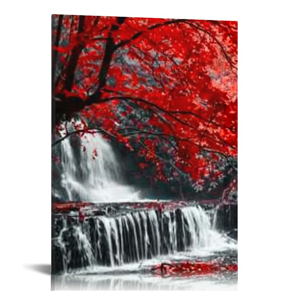 Creowell Black White and Red Waterfall Canvas Wall Art Trees Forest Painting Landscape Artwork for Wall Picture Waterfall Prints for Bedroom Living Room Decor Bathroom Wall Art 12x16 in