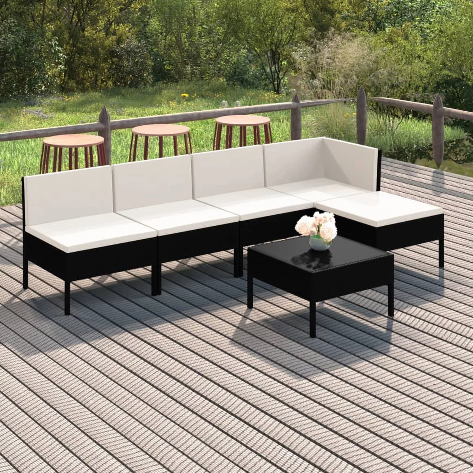 Anself 6 Piece Patio  Set with Cream White Cushions Conversation Set Black Poly Rattan  Sectional Sofa Set Steel Frame for Garden, Balcony, Lawn, Yard, Deck