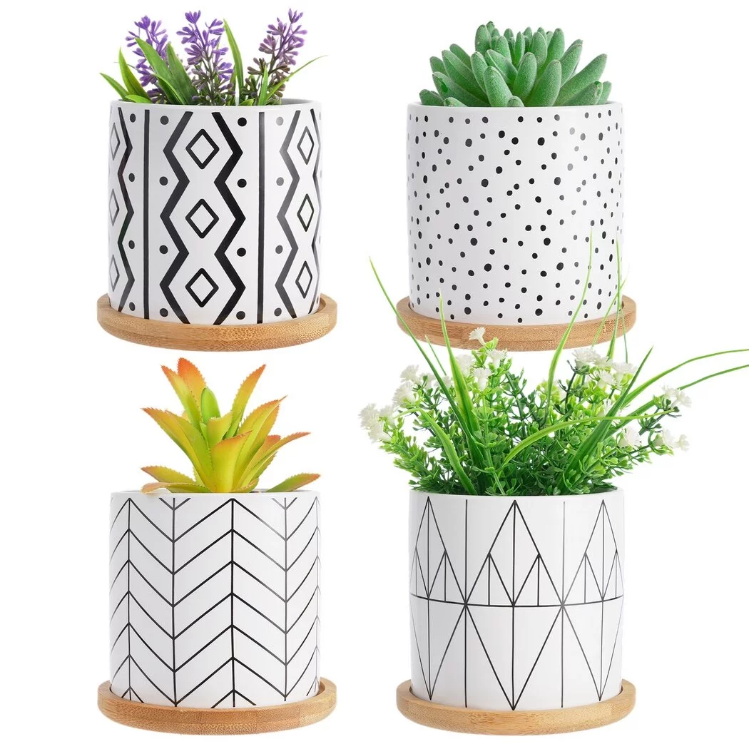 4Pcs Ceramic Succulent Pots with Separate Bamboo Saucers, 3.5inch Small Cute Geometric Patterns Plant Holders for Living Room, Bedroom, Kitchen, Office