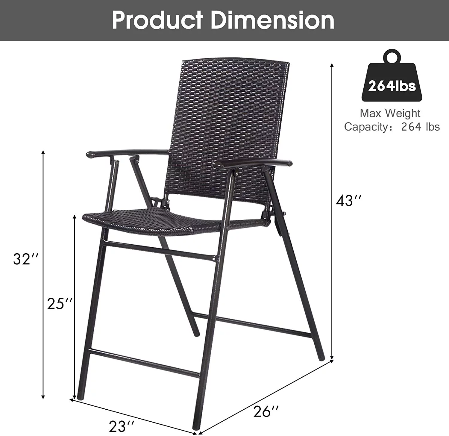 QUGDXVBN Folding Wicker Rattan  Chairs Set of 4 Tall Stool with Back Steel Frame Armrests and Footrest  Stools Garden Patio  Set