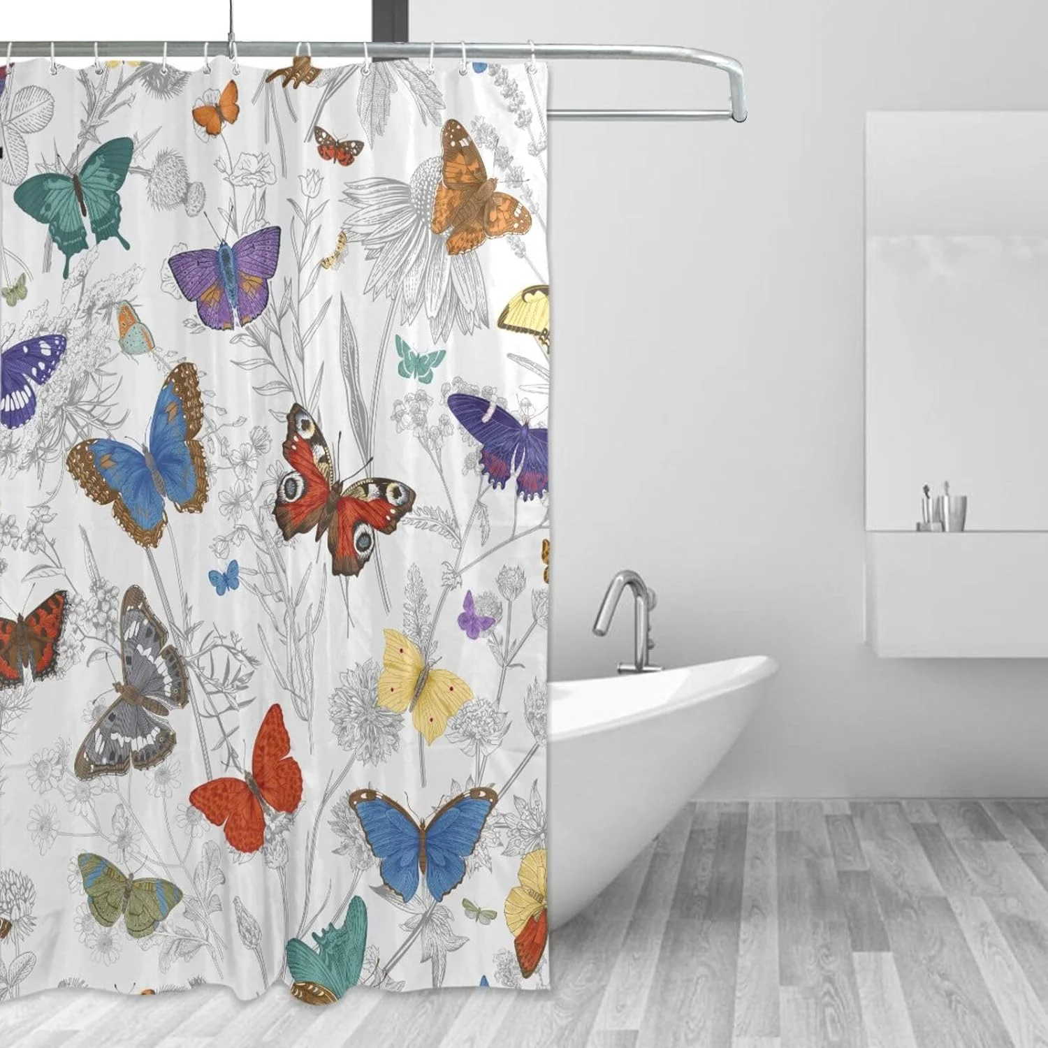 Bestwell Butterflies Wild Flowers Shower Curtain Bathroom Decor Waterproof Fabric Shower Curtains with Hooks, 60x72 inch