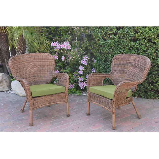 Jeco W00212-C-2-FS029 Windsor Honey Resin Wicker Chair with Green Cushion - Set of 2