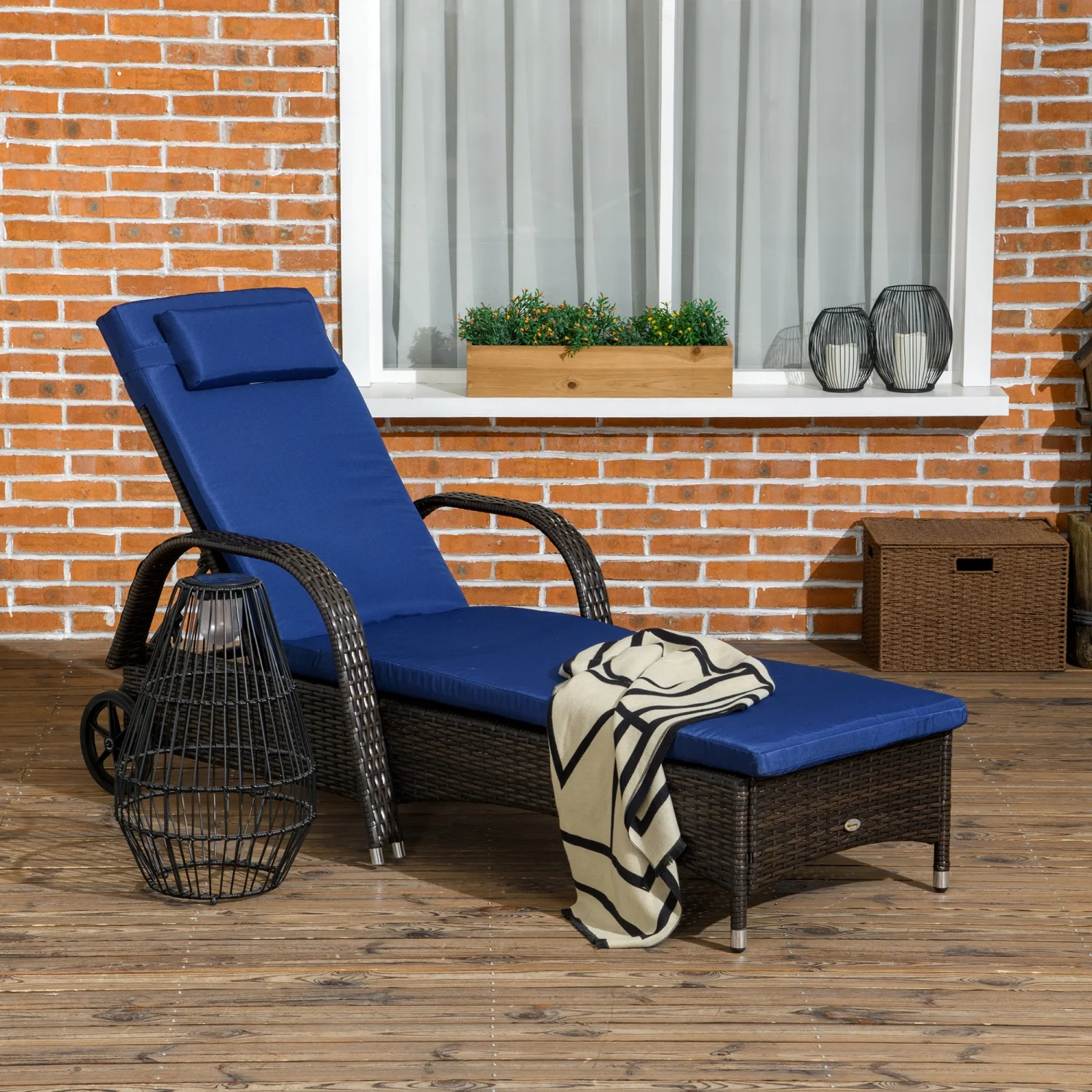 ZWNLKQG Wicker Outdoor Chaise Lounge  5-Level Adjustable Backrest PE Rattan Pool Lounge Chair with Wheels  Cushion & Headrest  Brown and Dark Blue