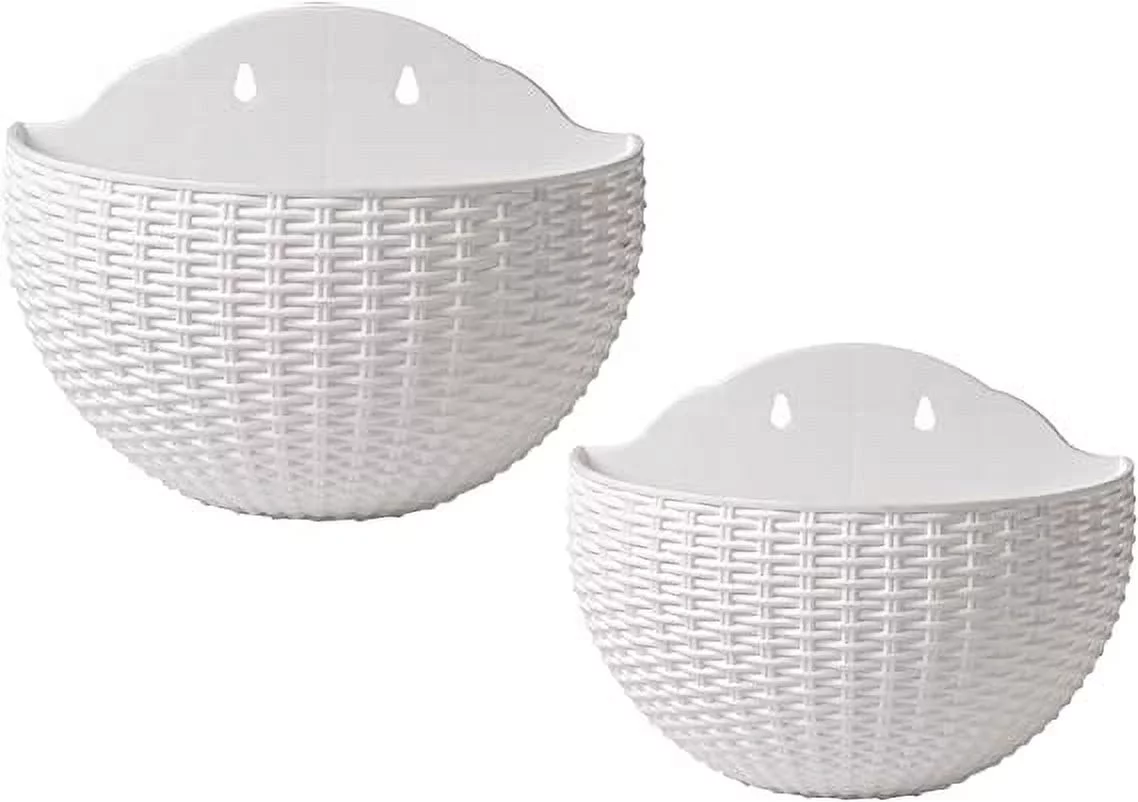 NAMZI 2 Pcs Imitation Rattan Wall Hanging Flower Pot, Semicircle Hanging Planters Outdoor with Drainage Hole and Hooks, Plastic Garden Hanging Basket for Balcony Fence