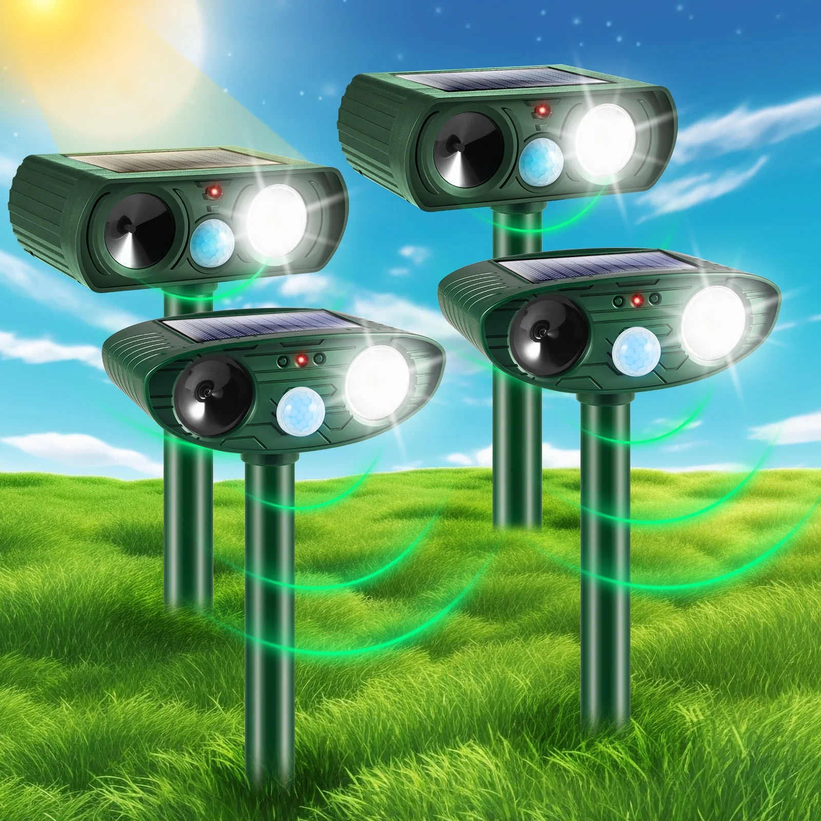4-Pack Solar-Powered Outdoor Multi-Animal Ultrasonic Deterrent Kit Waterproof Motion Sensor, Repels Cats, Deer, and Dogs in Farms and yards