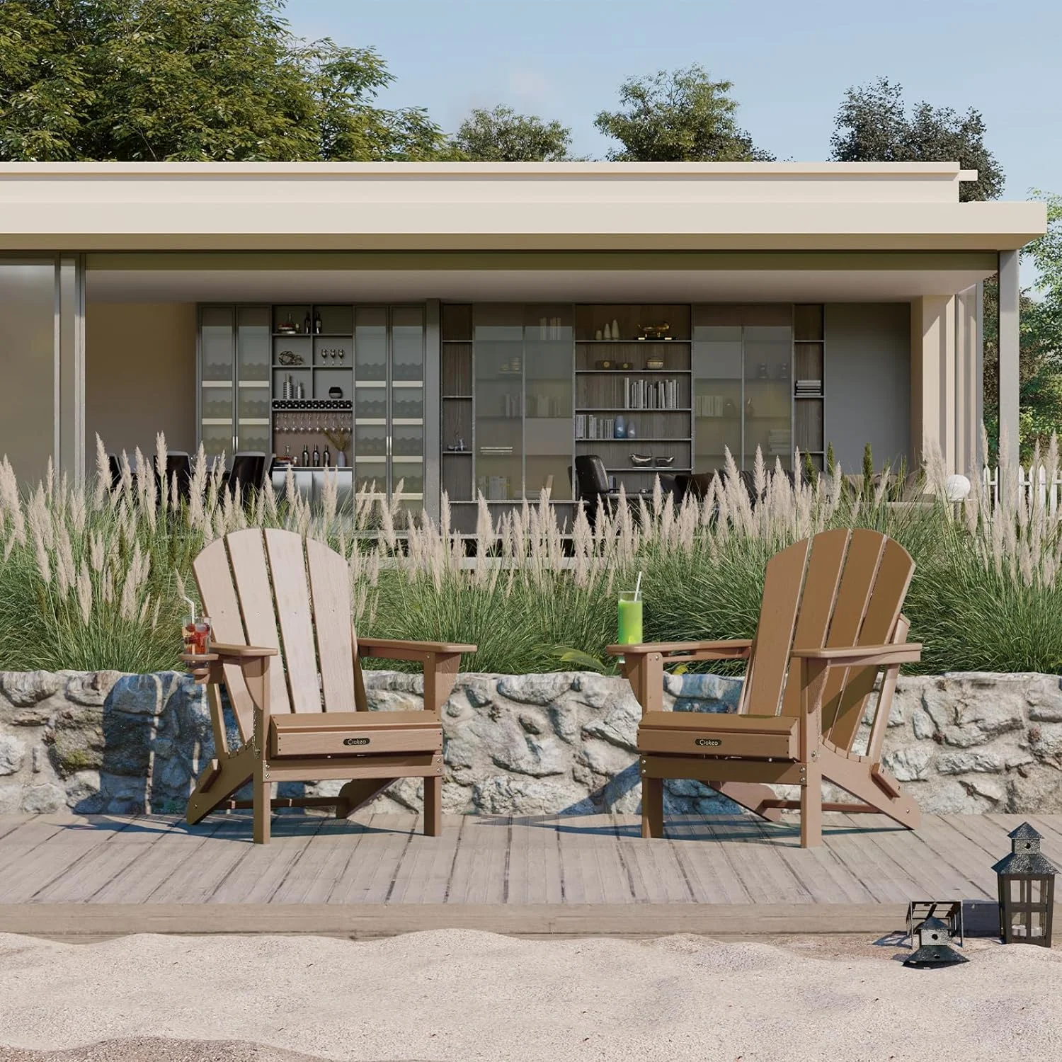 Folding Adirondack Chair Wood Texture, Patio Adirondack Chair Weather Resistant, Plastic Fire Pit Chair with Cup Holder, Lawn Chair for Outdoor Porch Garden Backyard Deck (Teak)