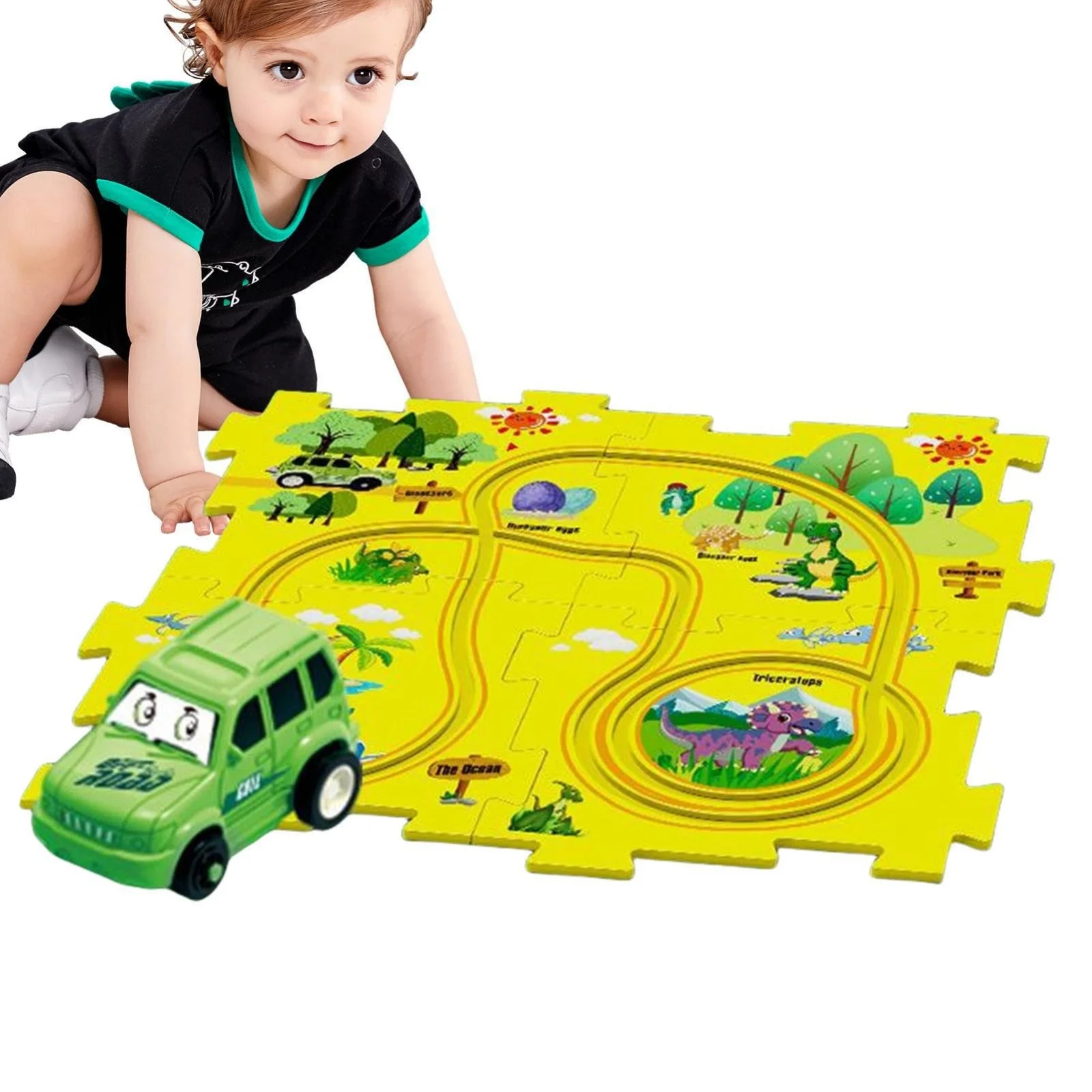 pdqouc Racing Tracks Toys for Boys Car Track Puzzle Play Set Race Vehicle Puzzle Board DIY Assembling Electric Trolley Montessori Toys for Kids