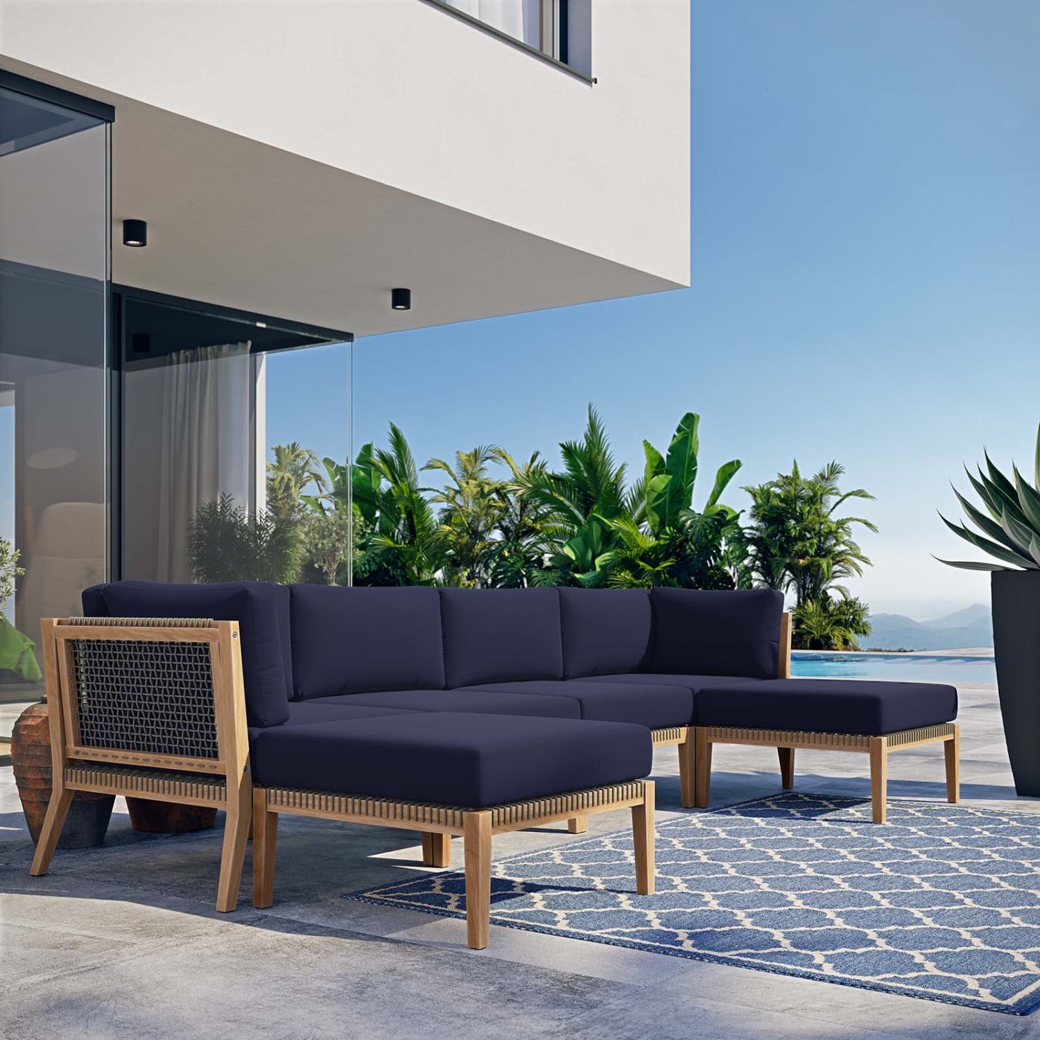 Lounge Sectional Sofa Set, Blue Navy Natural, Teak Wood, Outdoor Patio Balcony Cafe Bistro Garden Hospitality Restaurant, Modern Contemporary HB34458
