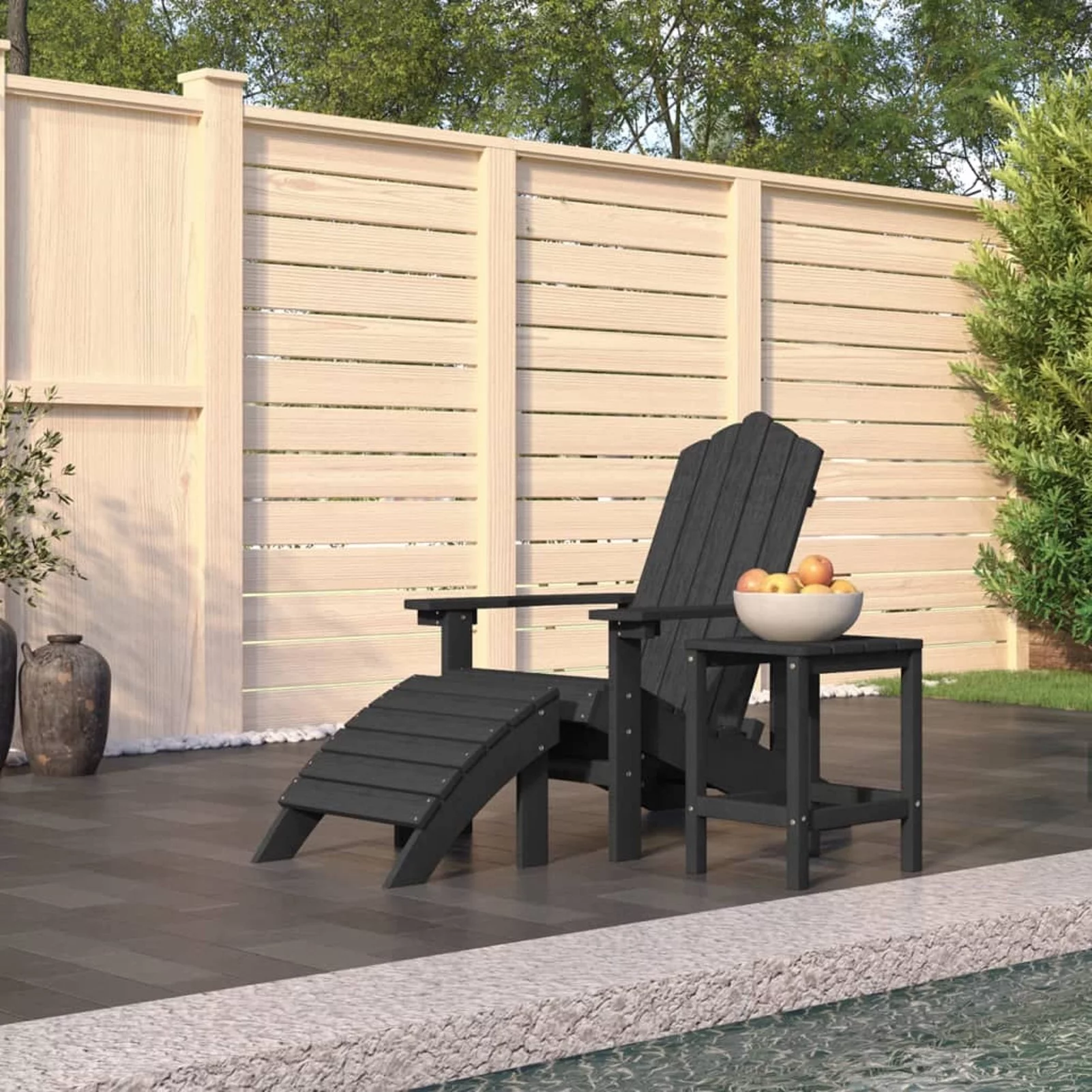 OWSOO Patio Adirondack Chair with Footstool & Table HDPE Anthracite