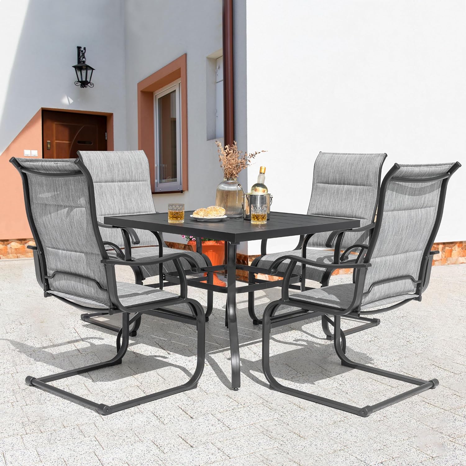 NUU GARDEN Patio Dining Chairs Set of 4, All Weather Outdoor Padded Textilene Patio Chairs, Breathable Spring Motion Textile High Back Outdoor Dining Chairs for Backyard, Lawn, Deck, Grey