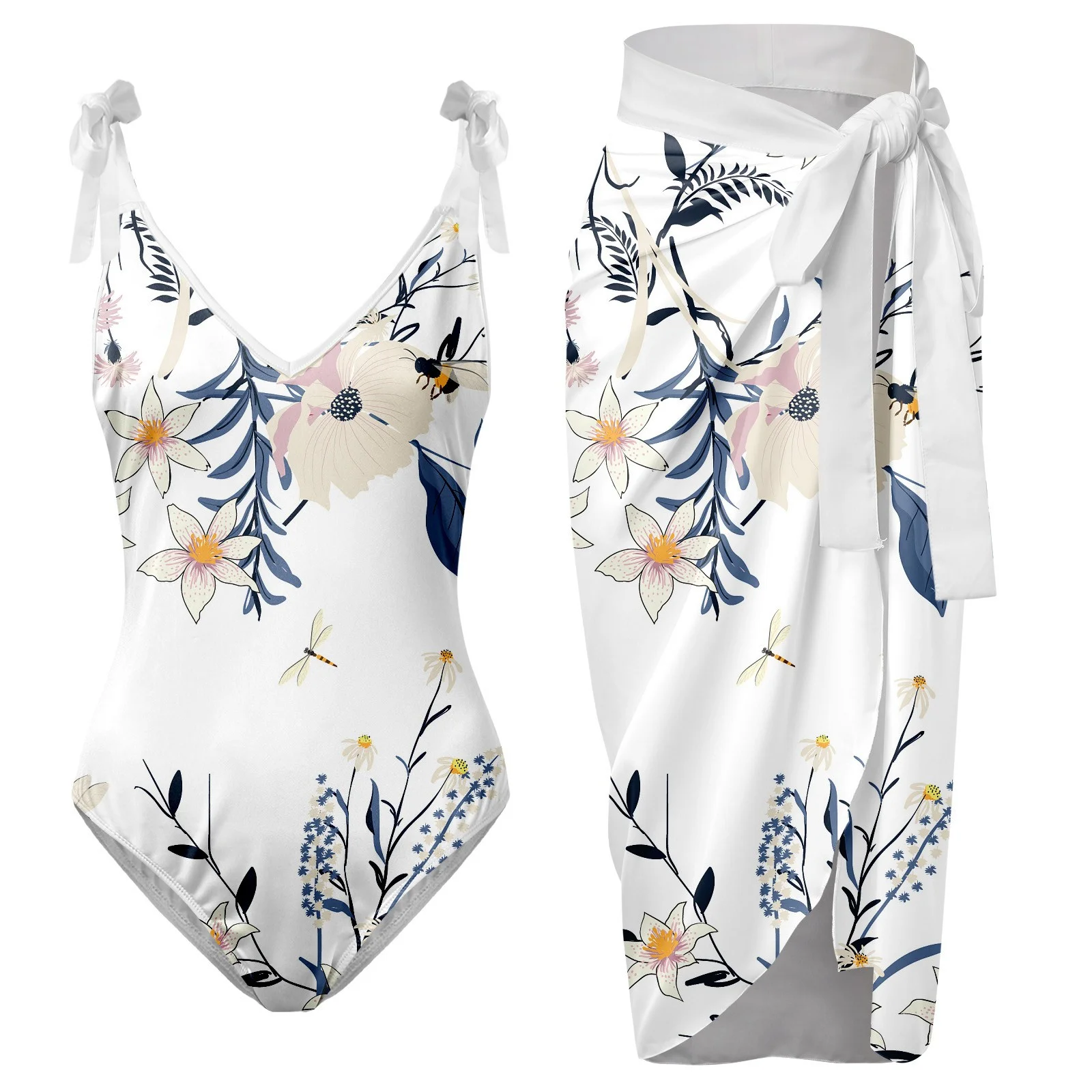 Autumn Cargo Skirt Womens V Neck Flower Printed Swimsuit Apron Skirt Bikini Sets Skirt Hangers Black