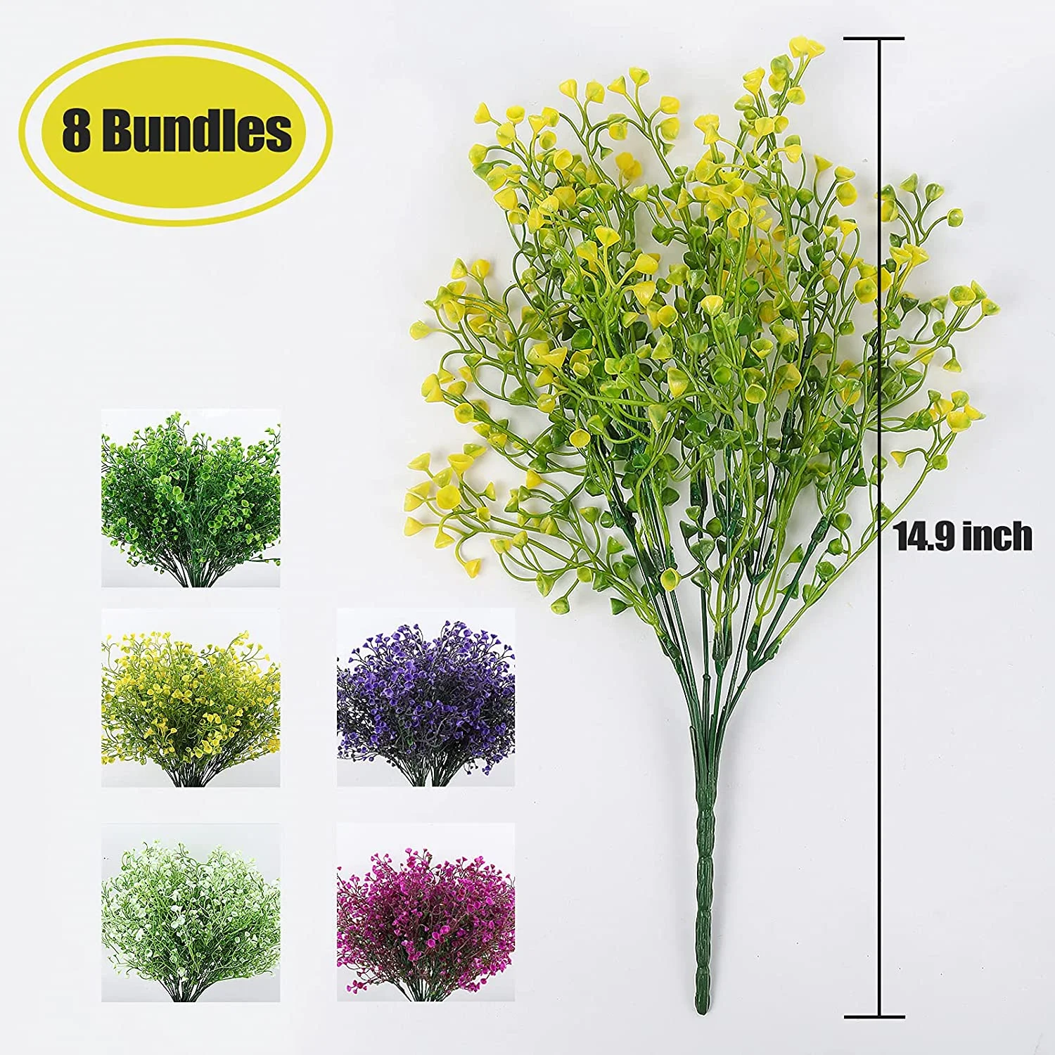 Outdoor Plants Artificial for Porch 8 Bundles Artificial Willow Flowers Outdoor UV Resistant Fake Flowers No Fade Faux Plastic Plants Outside Indoor Decorations, Yellow