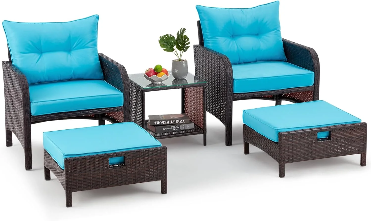 Dina 5 Pieces Patio Furniture Set  Wicker Outdoor Chairs with Ottomans  Soft Cushions & Tempered Glass Coffee Table  Balcony Furniture Rattan Conversation Set  Blue