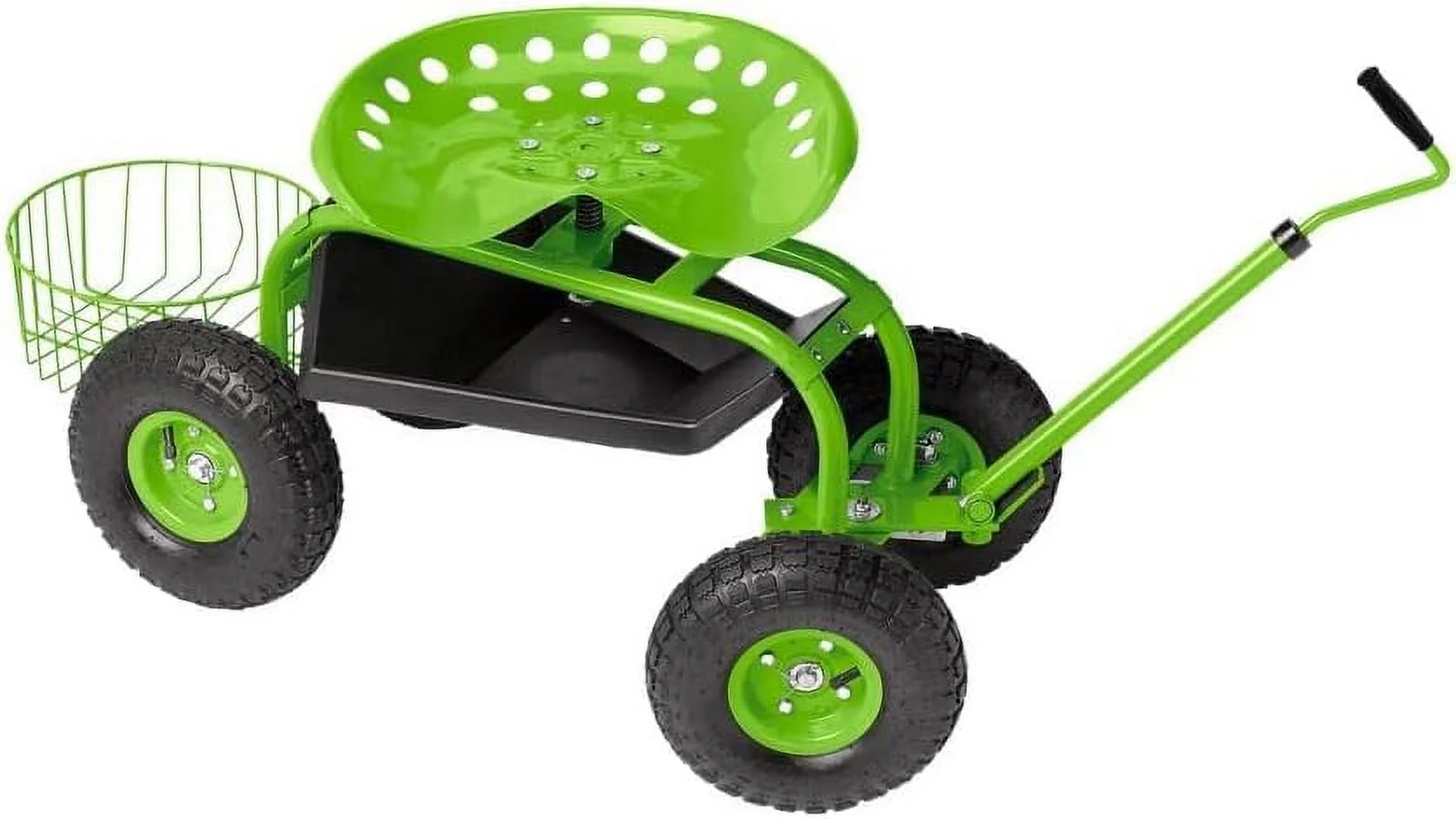 Deluxe Tractor Scoot with Bucket Basket Holder - Heavy Duty Rolling Garden Stool & Cart with Adjustable Steering Handle Swivel Seat & Utility Tray - Green