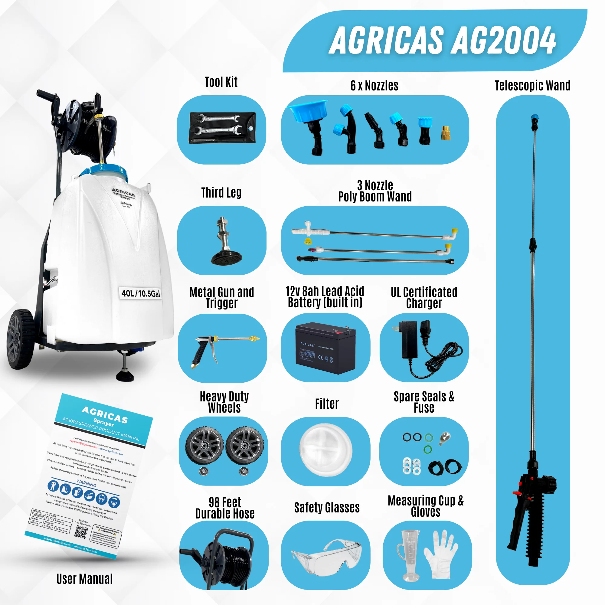 AGRICAS Battery Powered Sprayer with Double Professional Pump - 10.5 Gallon, Multifunctional Weed Sprayer for Lawn & Garden with Adjustable HD Wand and Nozzles, Portable Sprayer with Wheels