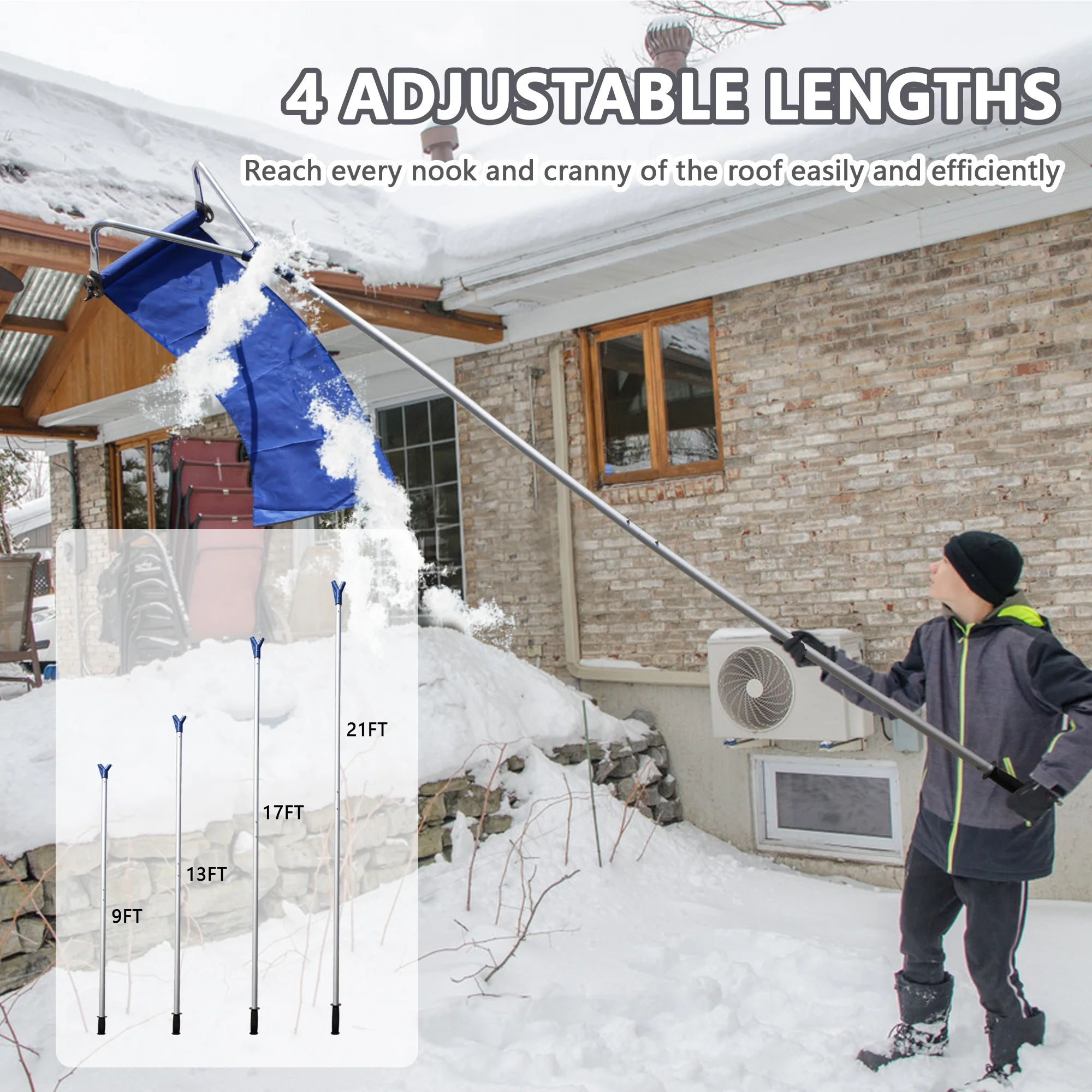 Snow Removal Tool, Adjustable Snow Roof Rake with Non-Slip Handle & Wheels - 21 FT Telescoping, Lightweight Aluminum Tool for Clearing Roof, Vehicle & Leaves