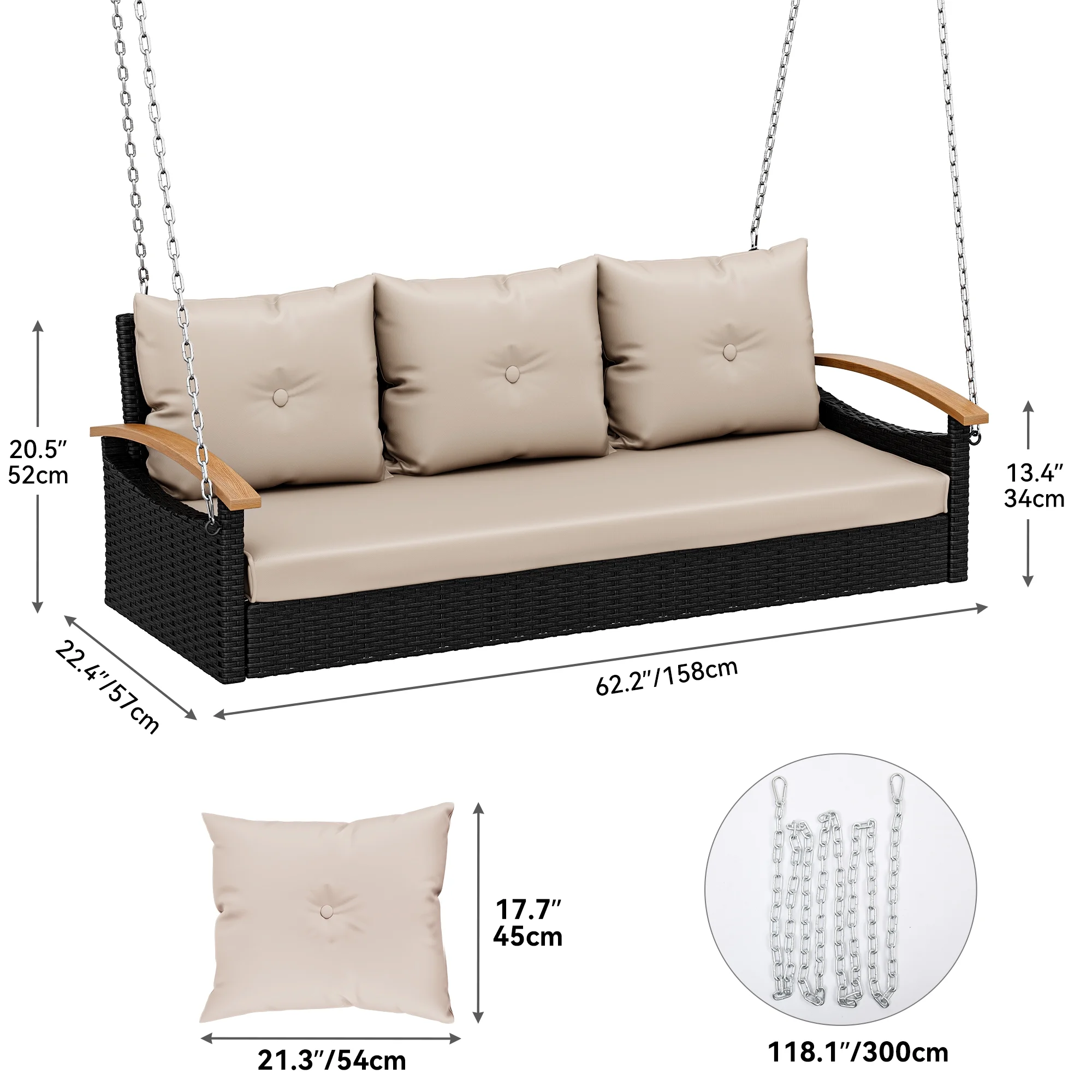 Dextrus 3-Seater Weather-Resistant Porch Swing, Cushioned Wicker Rattan Patio Hanging Chair, Ideal for Garden, Balcony, Deck, Accommodates Adults and Kids