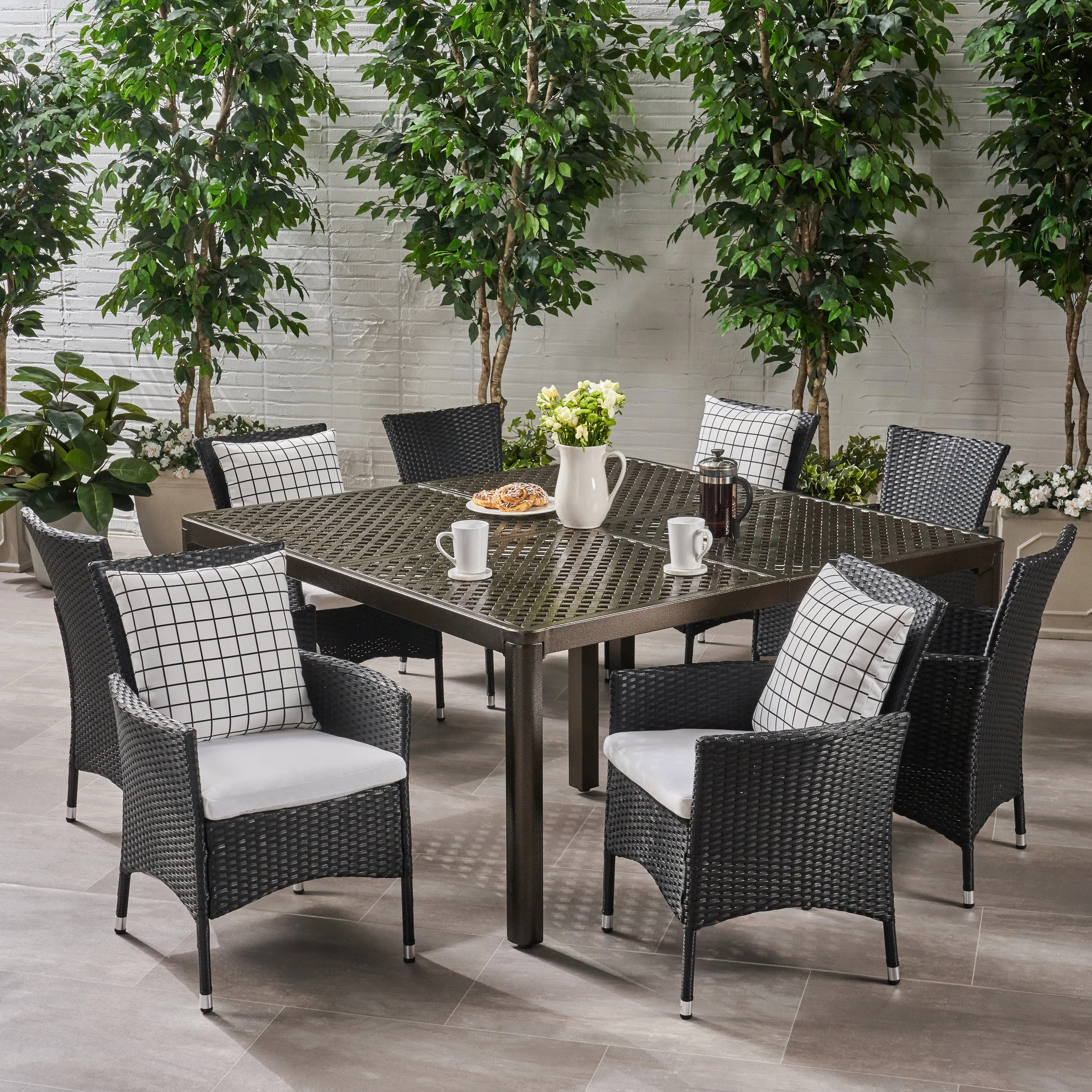 Alaya Outdoor Aluminum and Wicker 8 Seater Dining Set, Gloss Black and Multibrown