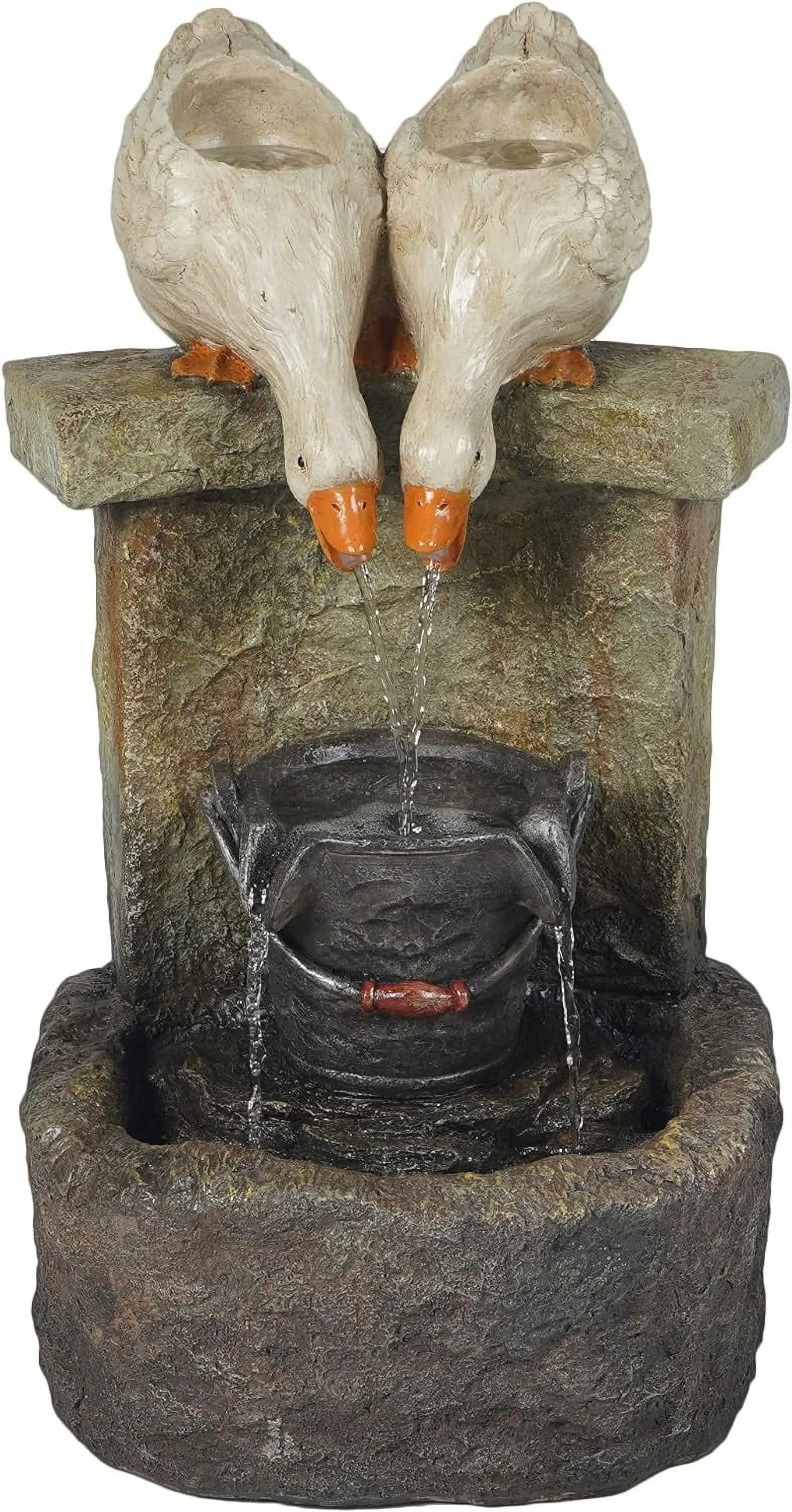 Resin s Outdoor Fountain with LED Light, 3 Tiered Waterfall Fountain Sculpture for Garden Patio Court Backyard Decking 28 inch, Gray/White