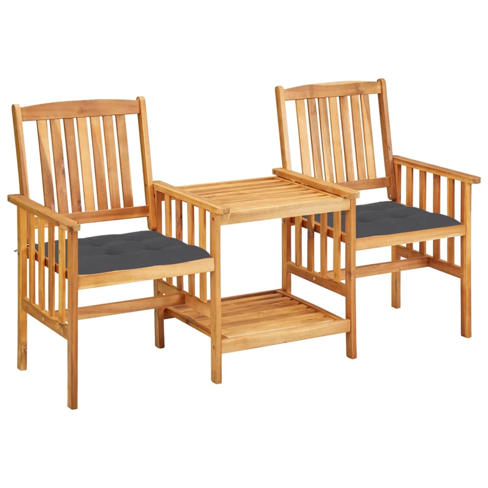 Dcenta Patio Chairs with Cushion and Tea Table with Storage Shelf Acacia Wood Bistro Set for Backyard, Balcony, Lawn, Pool,  Furniture 62.6 x 24 x 36.2 Inches (L x W x H)
