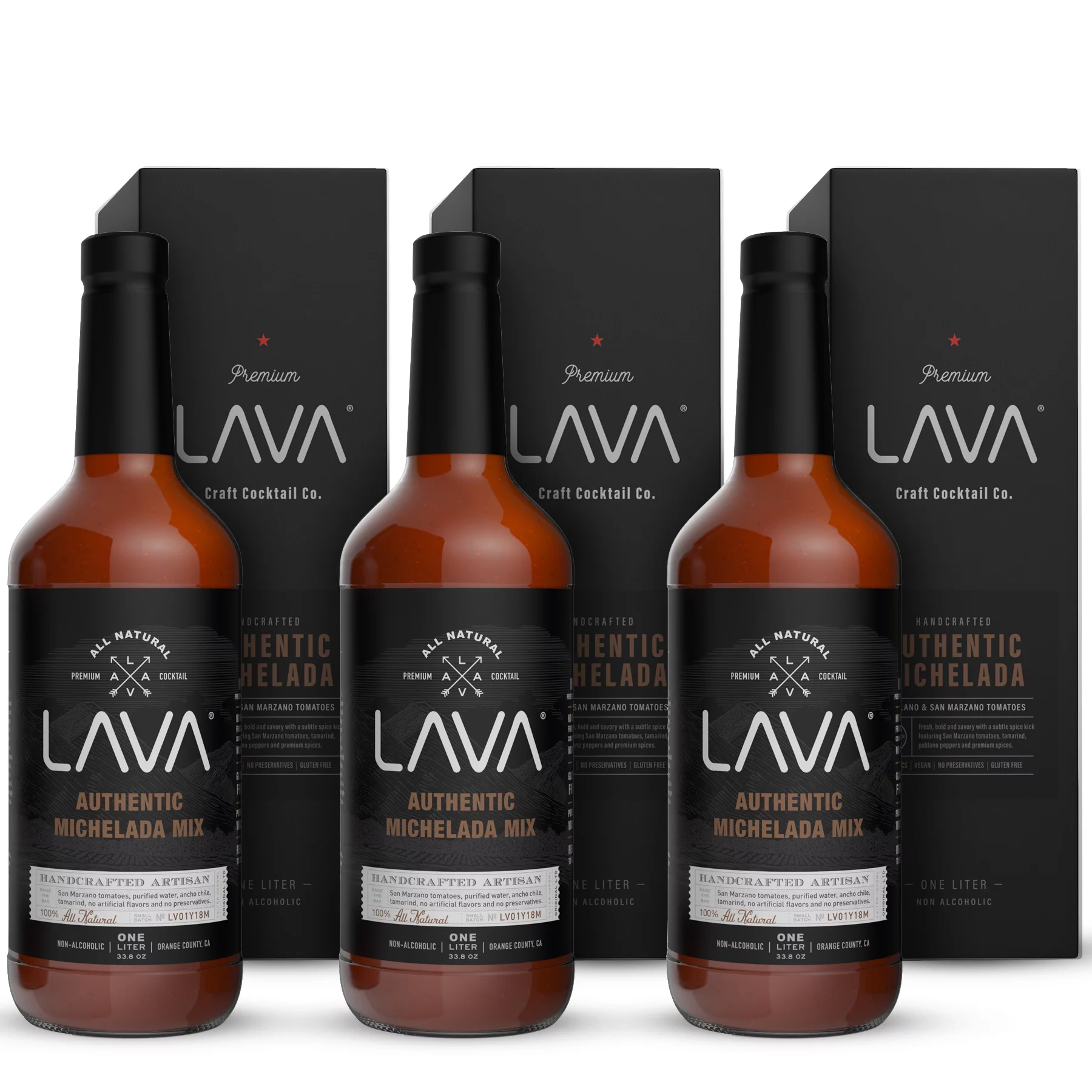 (3-Pack) LAVA All Natural Michelada Mix Craft Cocktail Mixer, Real Tomatoes, Ancho Chile Peppers, Tamarind, Keto Low Carb, Vegan, No Preservatives, Just Add Beer, (3) 1-Liter (33.8oz) Glass Bottles