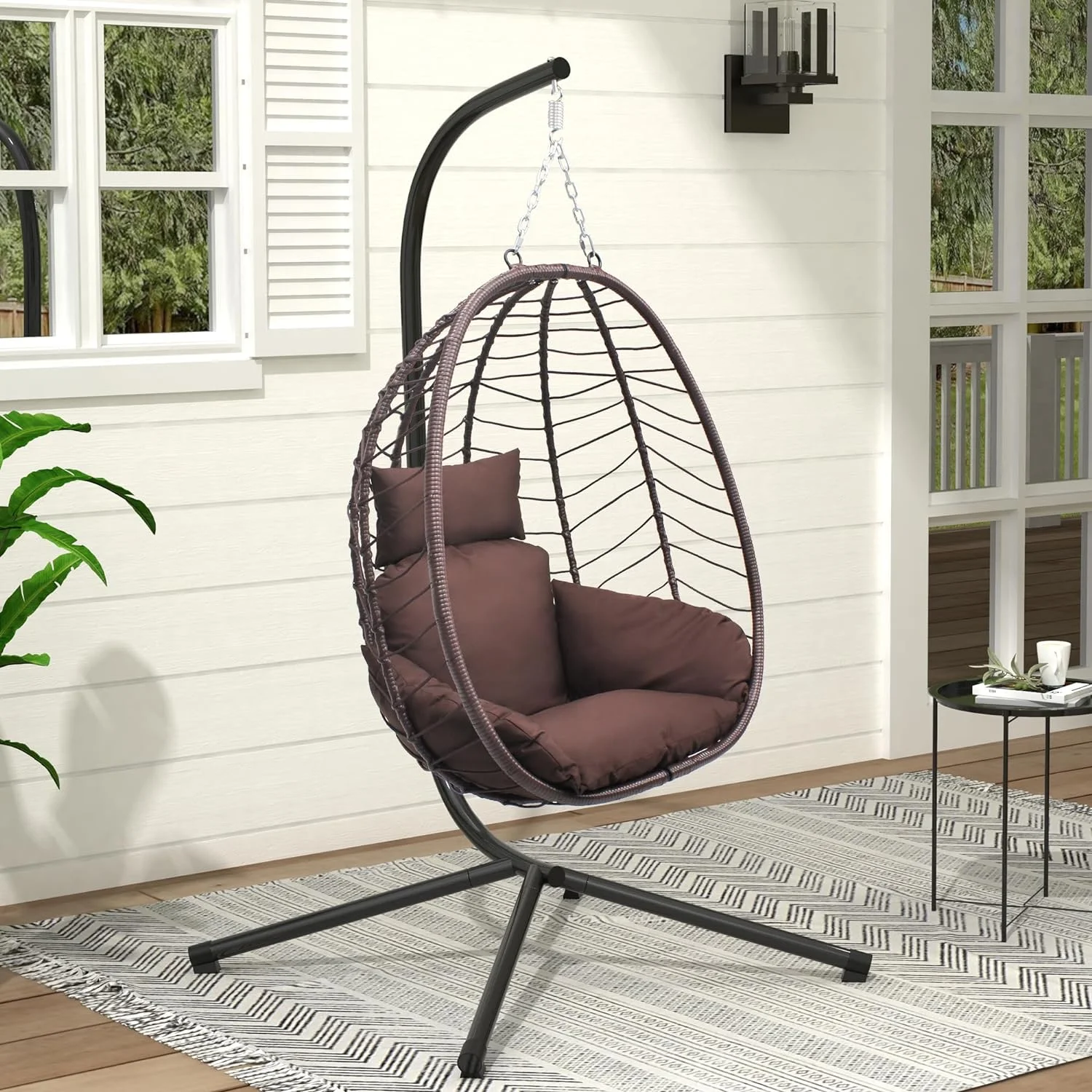 Hammock Chair with Stand Set and Soft Seat Cushions, Pillow, Foldable Wicker Rattan Hanging Egg Chair,Adjustable Height,Anti-UV&Waterproof, Indoor and Outdoor Use,286Lbs(Brown)