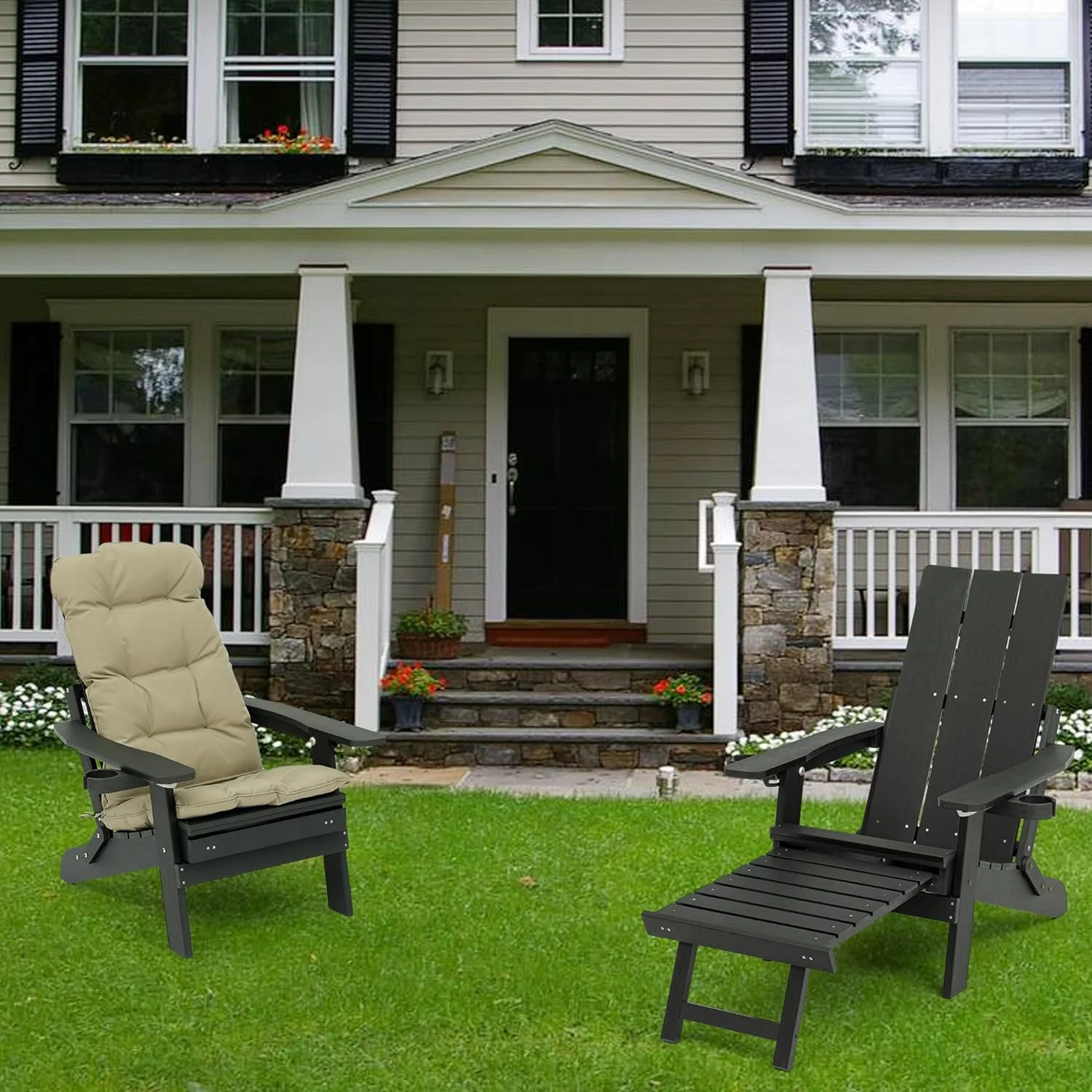 Poly Lumber Folding Adirondack Chair with Cup Holders, Ottoman and Cushion, Adjustable Backrest, HIPS Material, All-Weather Resistant, Heavy Duty 700 LBS, for Porch, Patio, Backyard (Black)