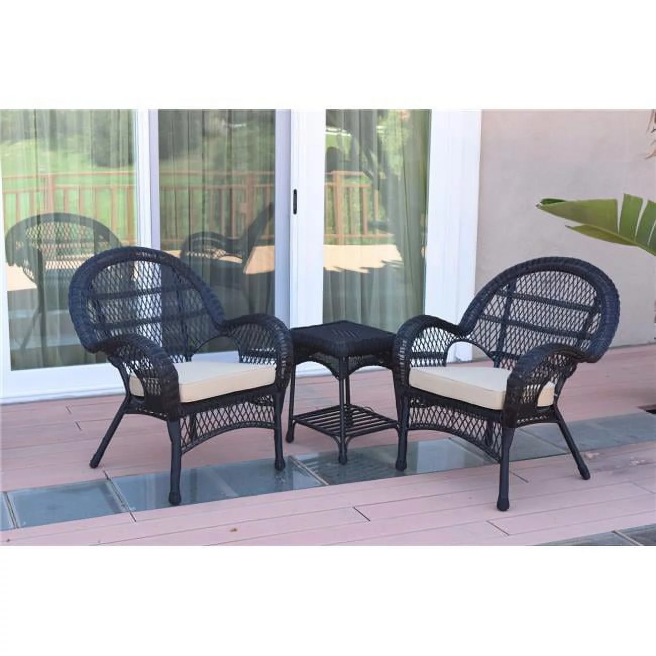 Jeco W00211-2-CES006 3 Piece Santa Maria Black Wicker Chair Set, Tan Cushion