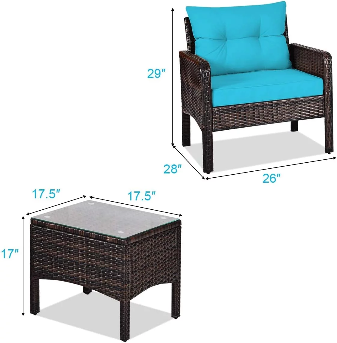 Patio Furniture Set, PE Rattan Wicker Outdoor Conversation Set w/Glass Top Coffee Table & Thick Cushions for Deck Porch Balcony Garden, Bistro Table and Chairs Set of 2 (Turquoise)