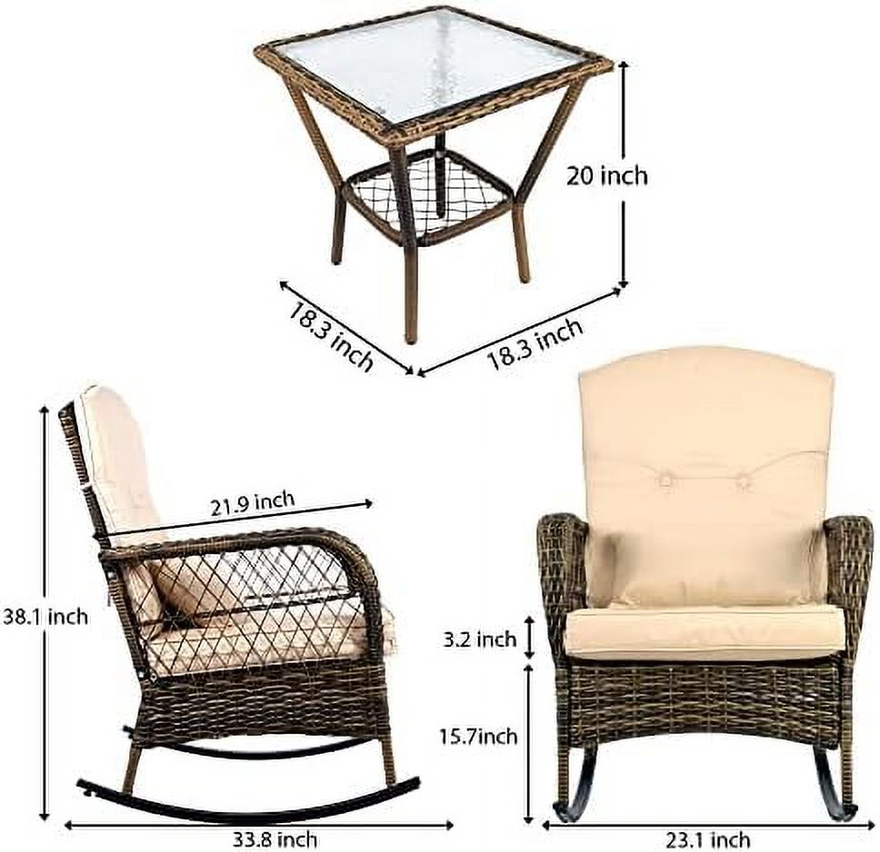 QYFZBIM 3-Piece Outdoor Rocking Chairs ， Wicker Patio  Modern Rattan Chair Conversation with Cushions & Glass Table for Garden Backyard  Bistro(RED)