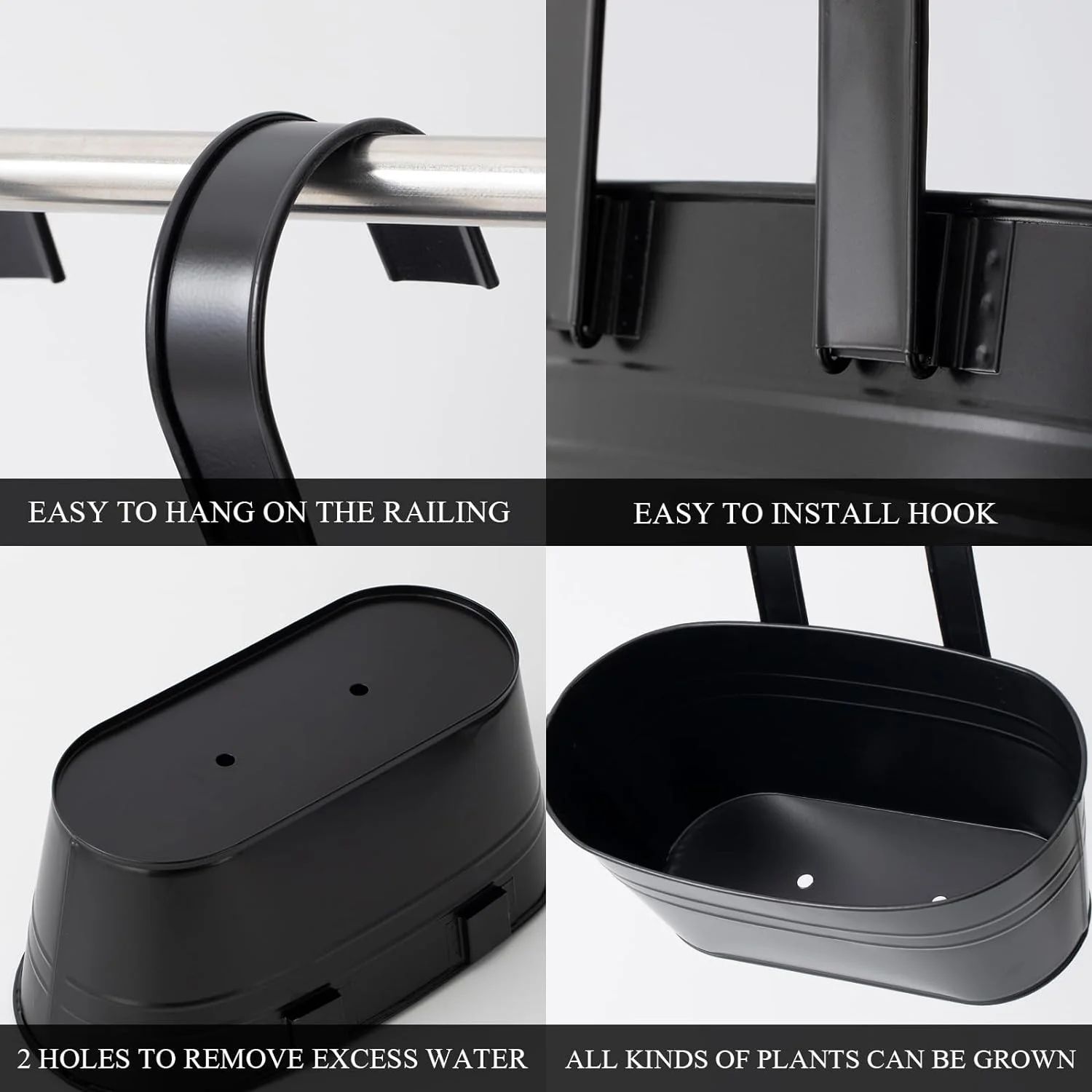 Nvzi 5 Pcs Iron Hanging Flower Pots 11 Inch Hanging Planters for Outdoor Plants Metal Hanging Bucket Pots Iron Railing Fence Planter with Holes and Hooks for Porch Railing Balcony Fence(Black)