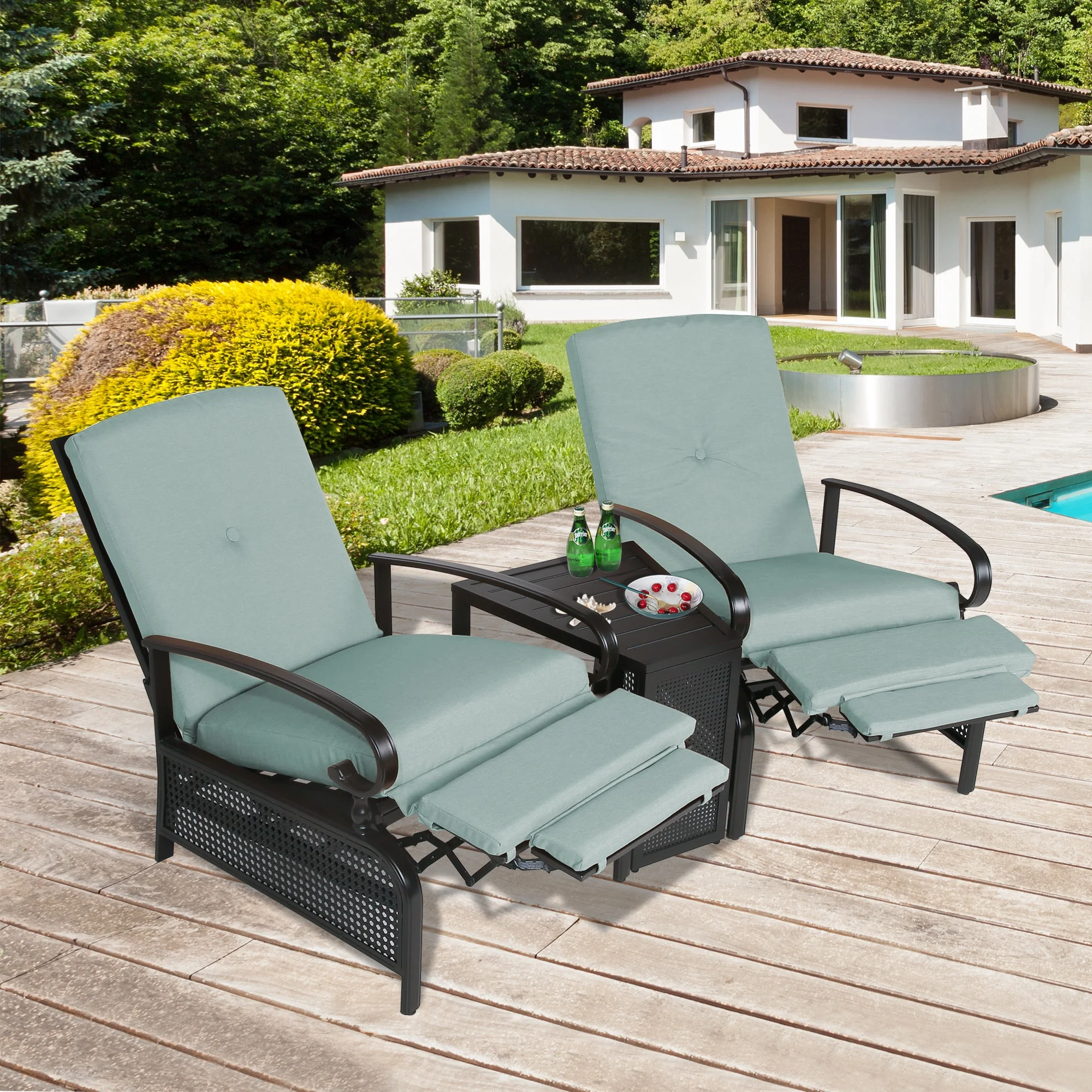 Ulax Furniture 3 Pieces Outdoor/Indoor Metal Recliner Conversation Set with Cushions, Mist Blue