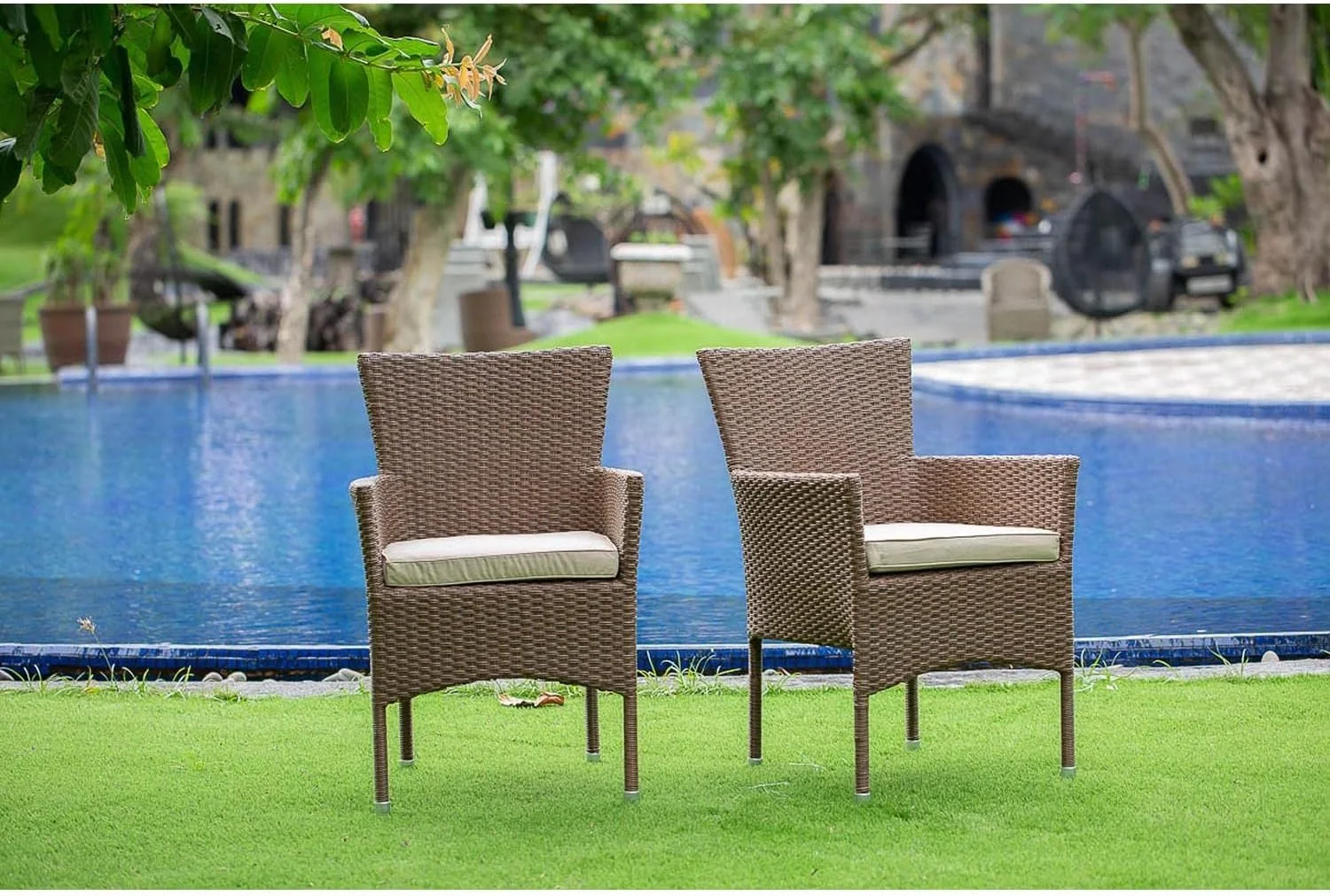 Brown Outdoor Wicker Arm Chairs Set of 2 with Plush Seats