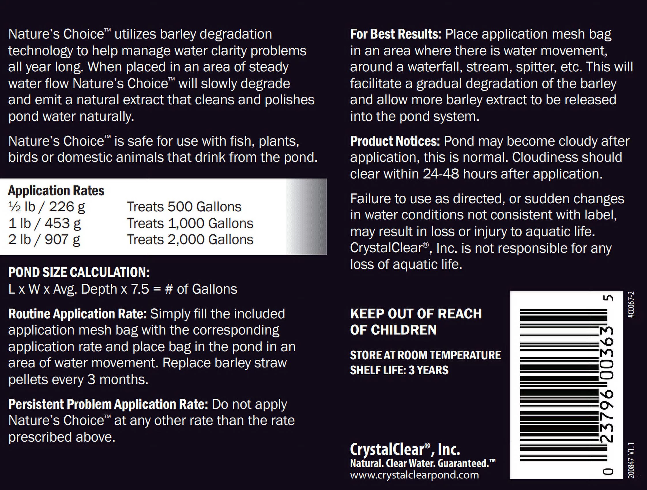 CrystalClear Nature's Choice Barley Straw Pellets - Natural Pond Treatment - 2 Pound Bucket Treats Up to Gallons 2 lb