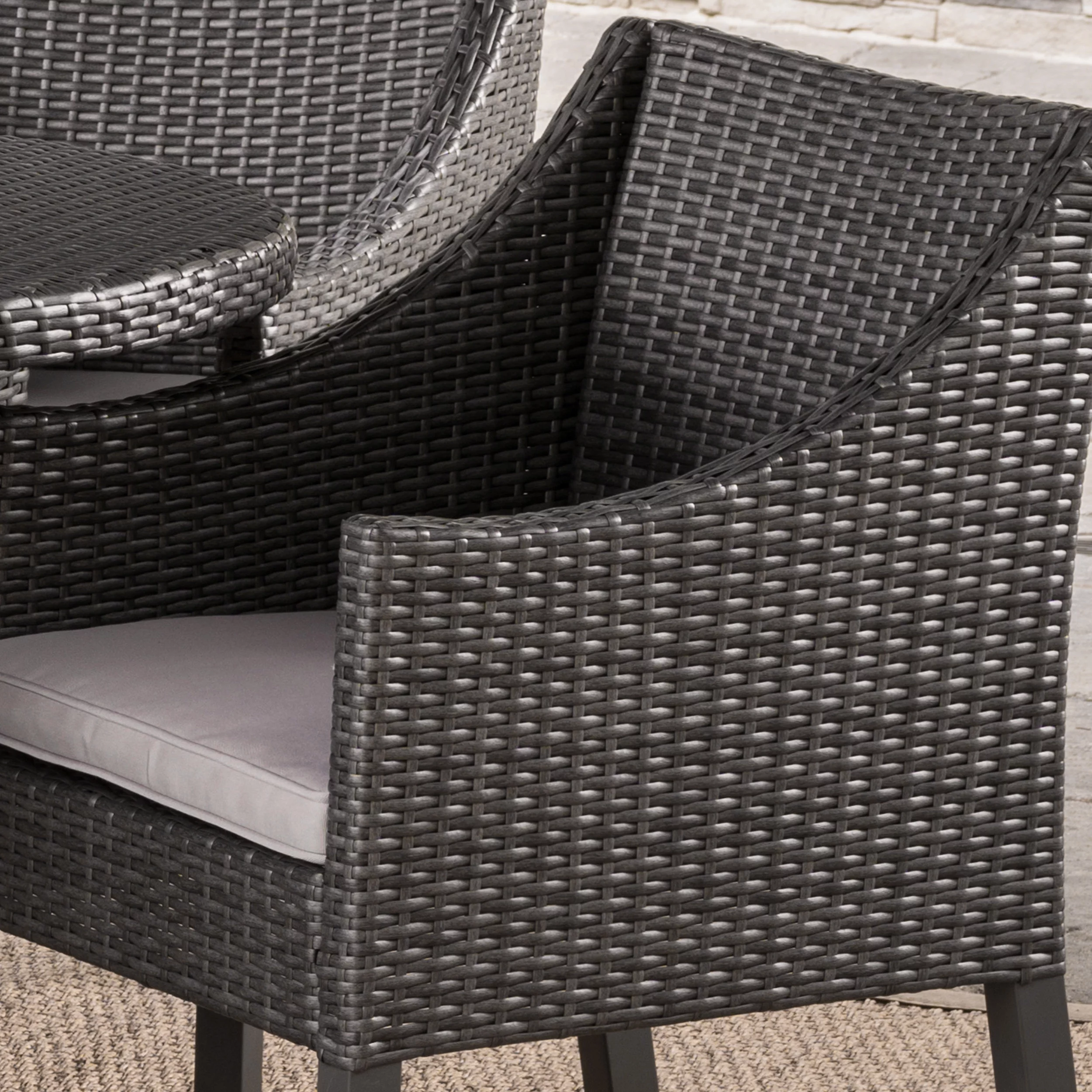 Austin Outdoor 7 Piece Wicker Oval Dining Set with Cushions, Grey, Silver