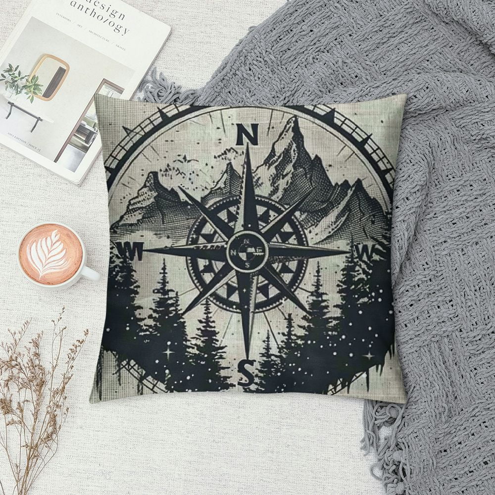 Cmefzd Throw Pillow Cover West Mountain Antique Compass Tattoo Signs in Symbols Parks Outdoor Landscape Geometric Linen Decorative Square Cushion Cover for Couch Bedroom Car Bench White