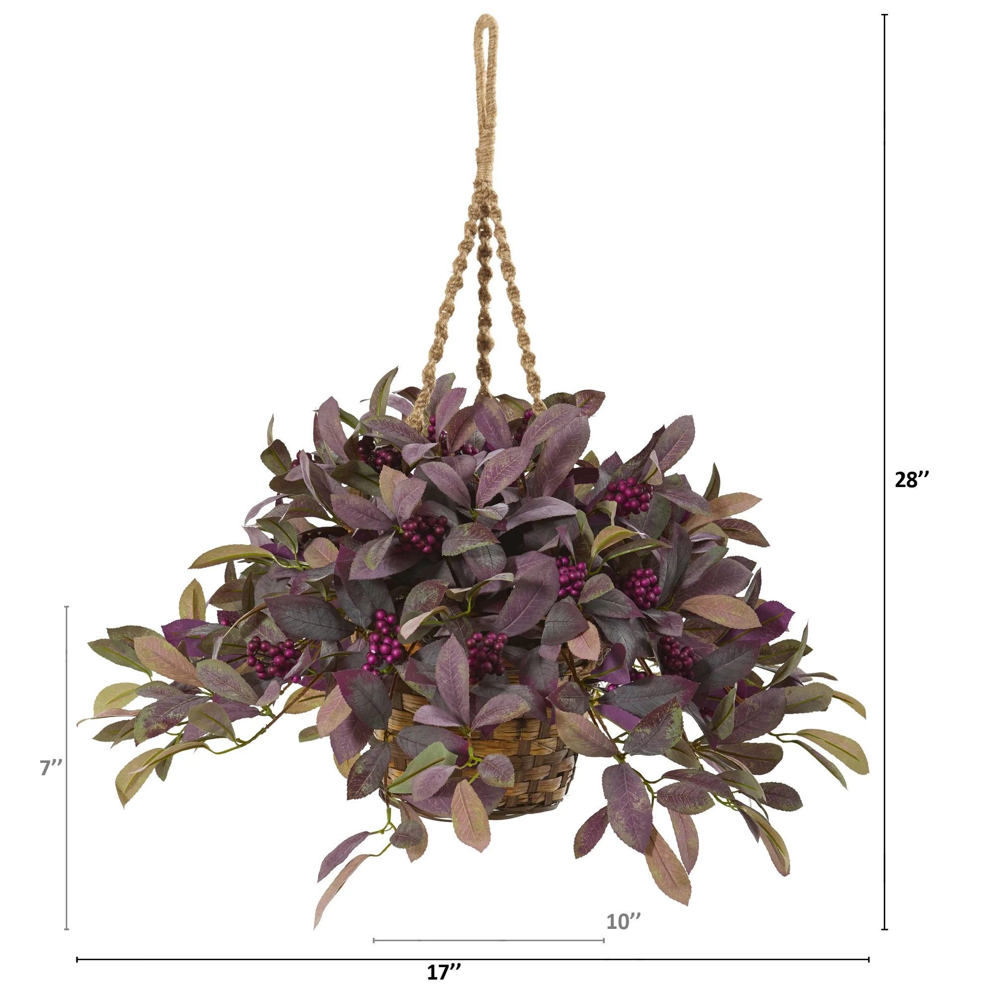 Nearly Natural 28in. Fall Laurel Leaf with Berries Artificial Plant in Hanging Basket, Lavender
