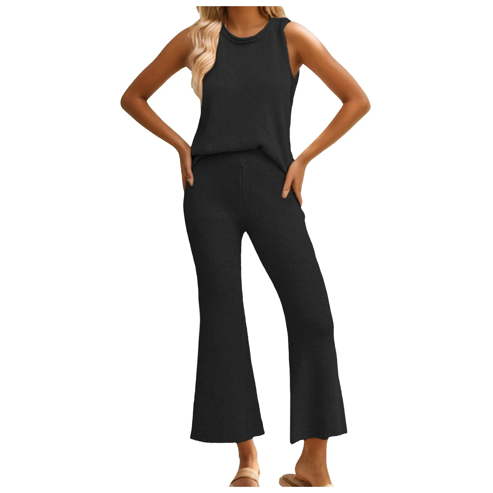 VBARHMQRT Female Pants Suit Women 2 Piece Outfits 2024 Spring and Summer European and Casual Style Knitted Women's Suit Two Piece Pants Set for Women Beach Pants Suit Women African