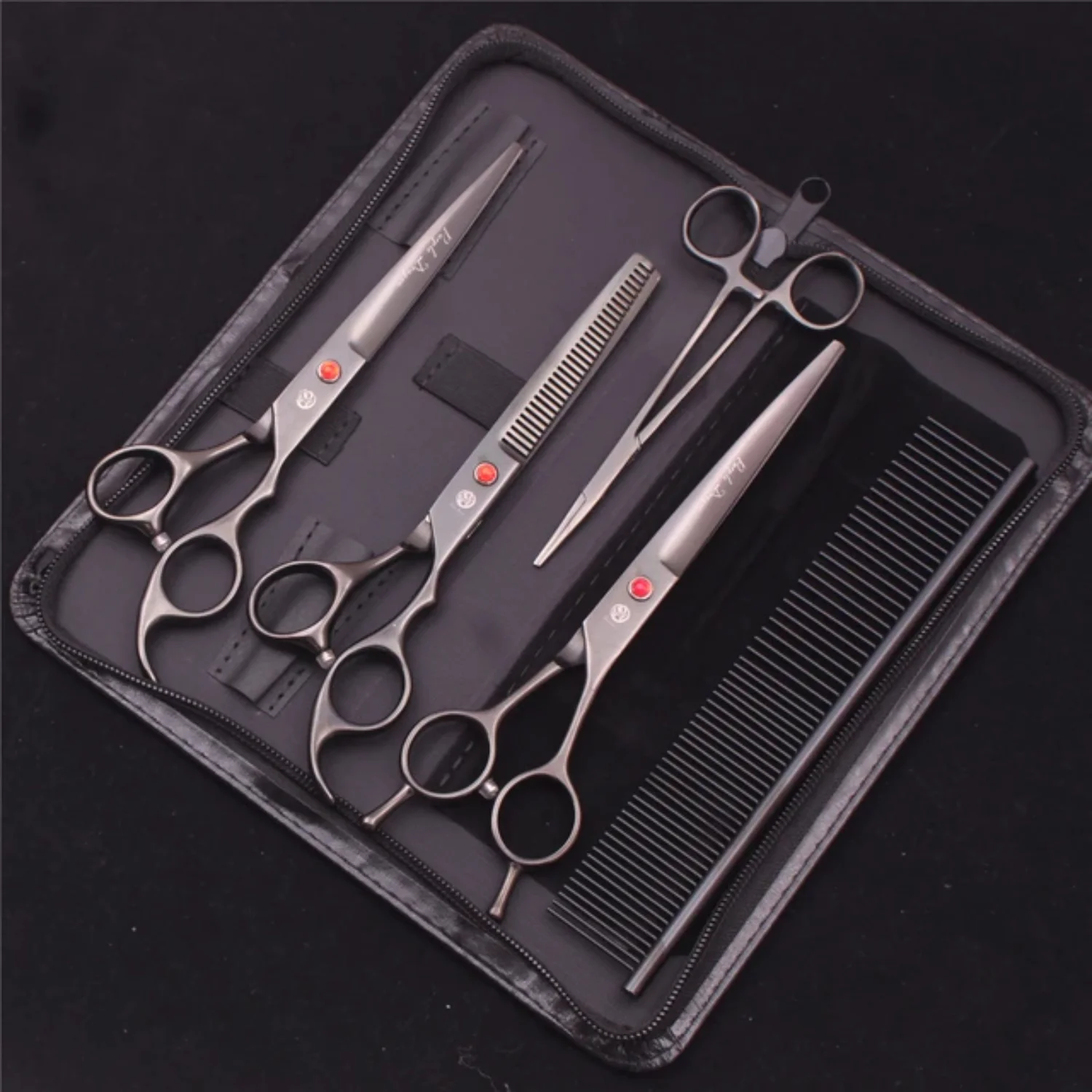 High-Quality 7” Japan Stainless Steel Dog Grooming Scissors Kit for Professional Pet Grooming - Includes Curved Scissors  Thinning Scissors  Straight Shears  and Chunker Z3002