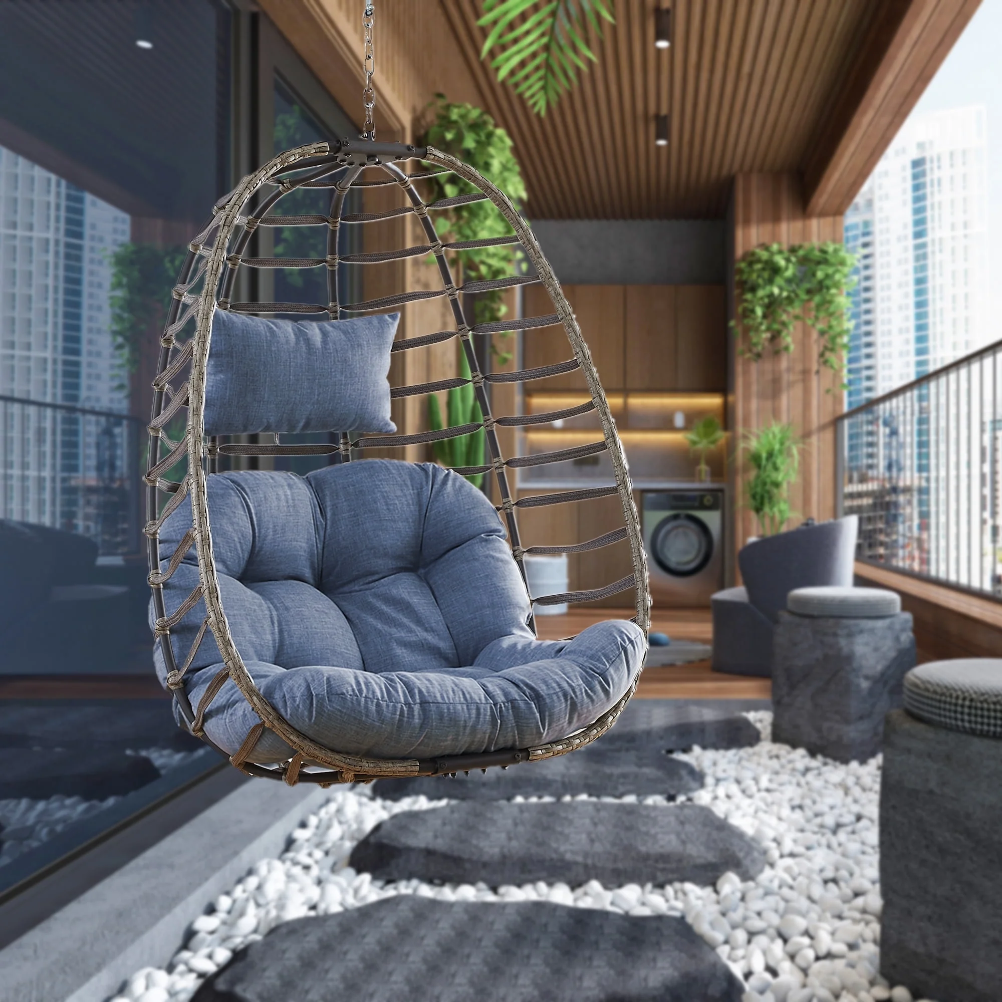 POCASSY Wicker Swing Chair With Waterproof And Uv Resistant Cushions For Patio Bedroom