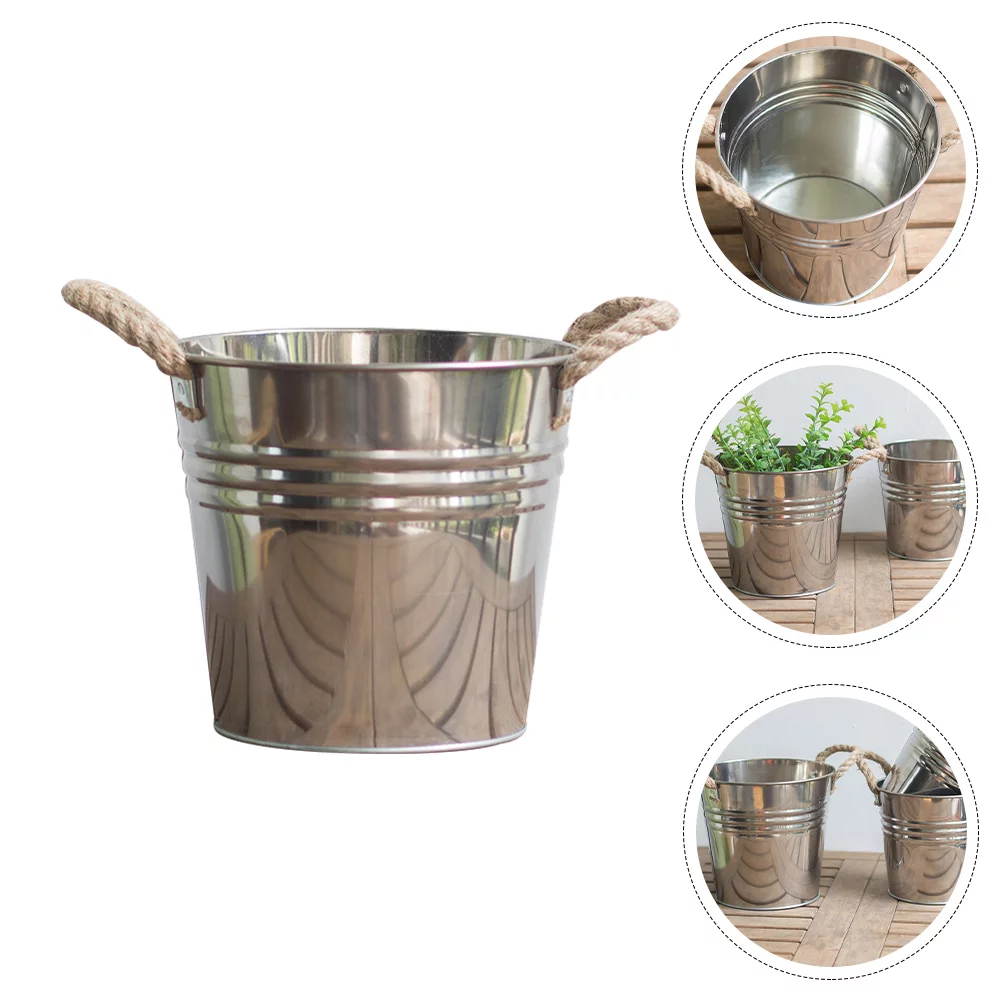 Guichaokj Creative Flower Bucket Garden Plant Container Flower Pot with Hemp Rope Handle