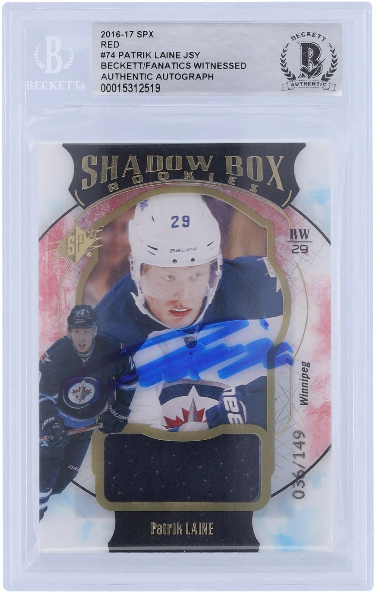 Patrik Laine Winnipeg Jets Autographed 2016-17 Upper Deck SPx Red Shadow Box Rookies #74 #/149 Beckett Fanatics Witnessed Authenticated Rookie Card - Fanatics Authentic Certified