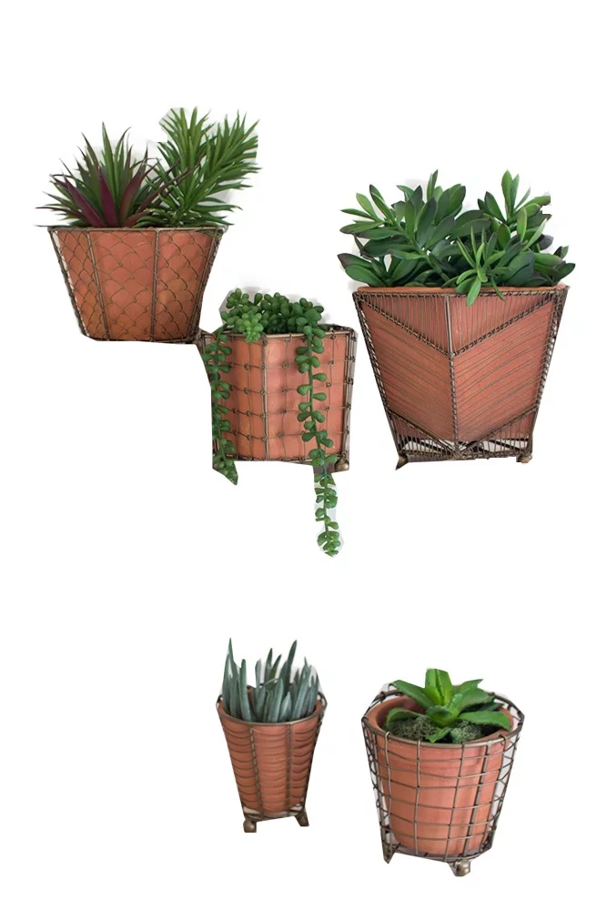 Set Of Five Terracotta Planters W Wire Wrap & Brass Detail Multi