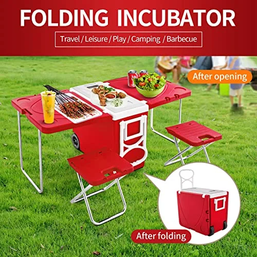 UNICOO - Multi-Function Rolling Cooler Picnic Camping Outdoor W/Table & 2 Chairs, Outdoor Picnic Foldable Upgraded Stool, Heat Insulation Box