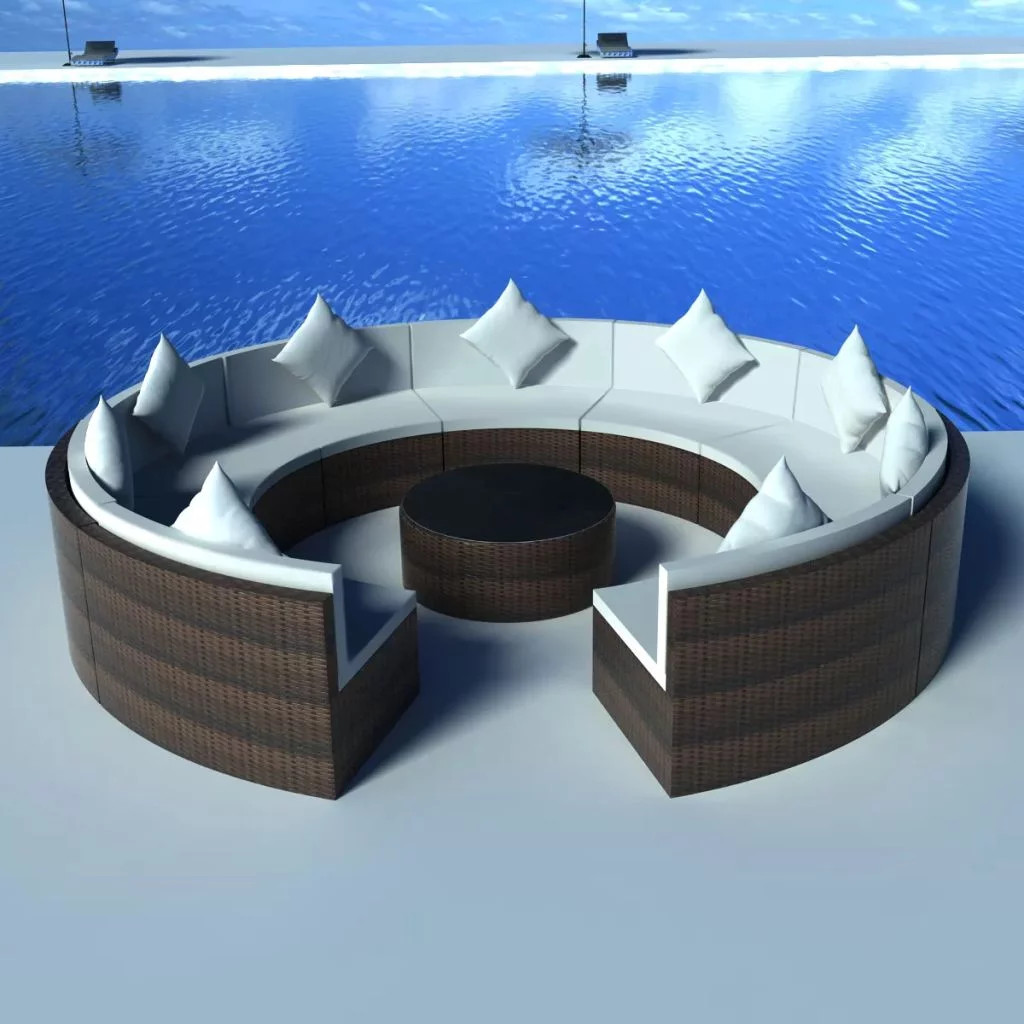 Anself Sofa Set Round Garden, Patio Coffee Table and Sectional Sofa Weather-Resistant & Waterproof & Removable/Washable Covers Poly Rattan Brown