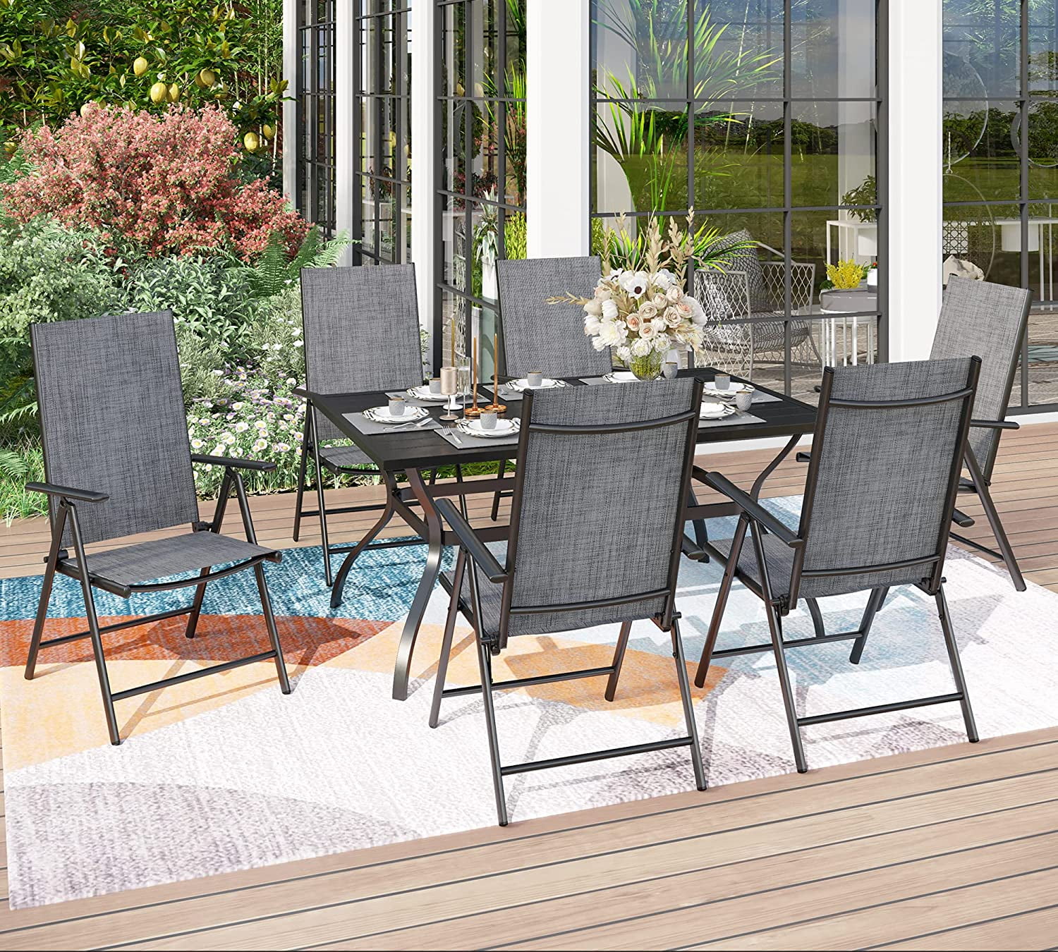 VILLA 7 PCs Outdoor Patio Dining Set  6 Adjustable Folding Reclining Sling Chair with Armrest & 1 Rectangle Patio Dining Table with 1.57" Umbrella Hole (Black)