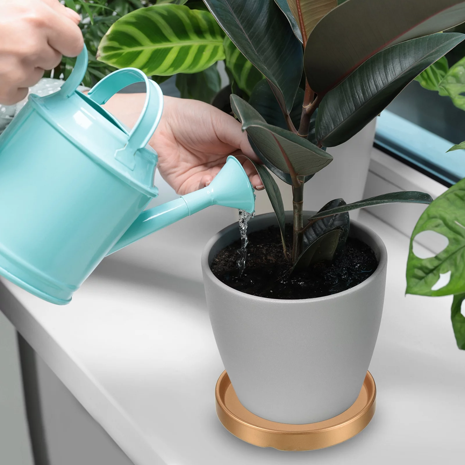 Plant Pot Saucers 4.5 Inch, 2 Pack Ceramic Round Flower Drip Tray for Indoor Outdoor, Turquoise