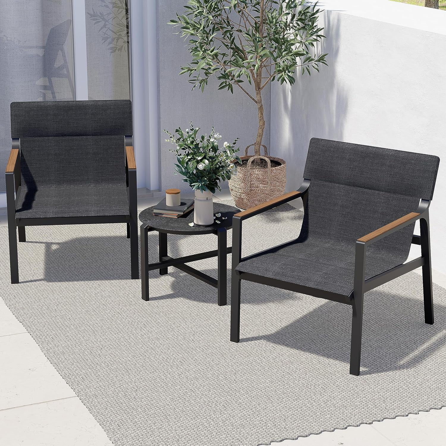 xrboomlife Outdoor Indoor 3-Piece  with Mesh Sling Armchairs  Conversation Set with   Weather-Resistant Aluminum  Mesh Sling  Black